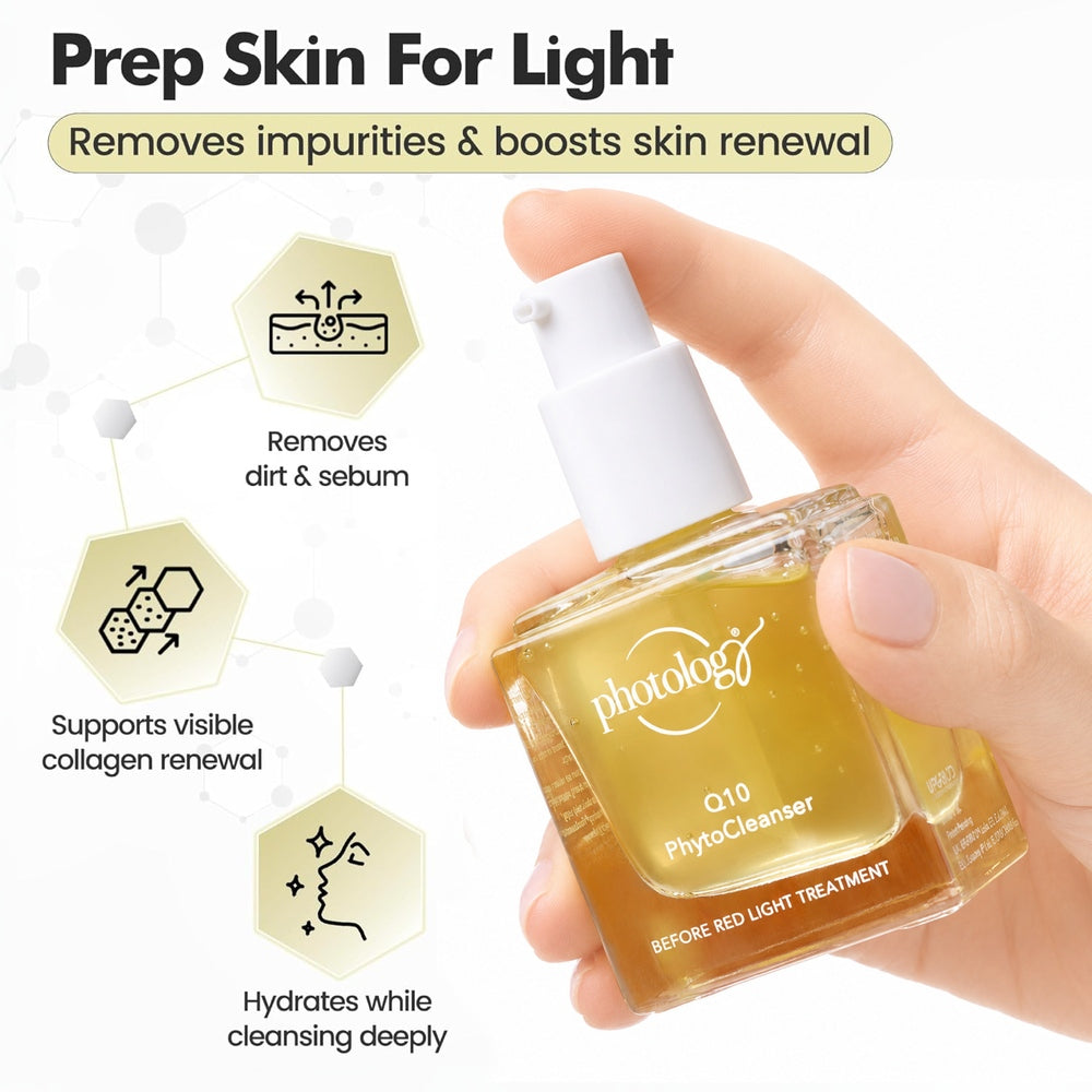 A hand holds a bottle of Rio Photology Q10 Pre-treatment Phyto Cleanser, a CoQ10 formula that deeply cleanses, removes dirt and sebum, supports visible collagen repair, hydrates skin, and preps light skin.