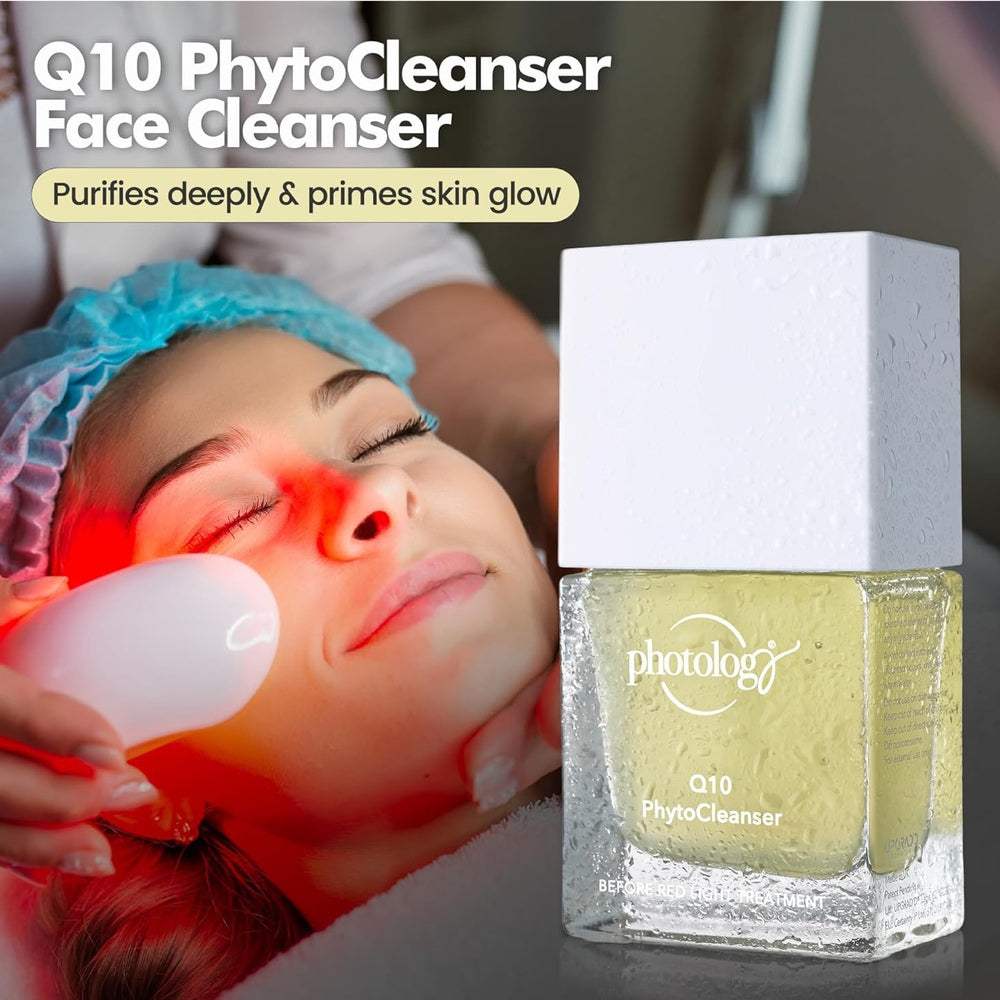 A woman enjoys a facial with a glowing device to boost collagen repair. In front, Rio’s Photology Q10 Pre-treatment Phyto Cleanser stands out. Text: Q10 PhytoCleanser purifies deeply & primes your skin’s glow.
