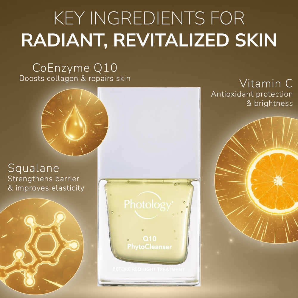 A Rio Photology Q10 Pre-treatment Phyto Cleanser bottle is centered on a gold background, with text and images of CoEnzyme Q10, Vitamin C, and Squalane emphasizing collagen repair and the benefits of this powerful CoQ10 cleanser.