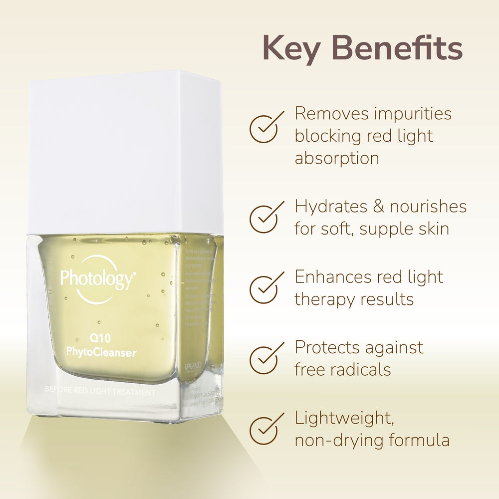 A bottle of Rio Photology Q10 Pre-treatment Phyto Cleanser is pictured beside key benefits, such as removing impurities, hydrating skin, supporting red light therapy and collagen repair, and featuring a lightweight, non-drying formula.