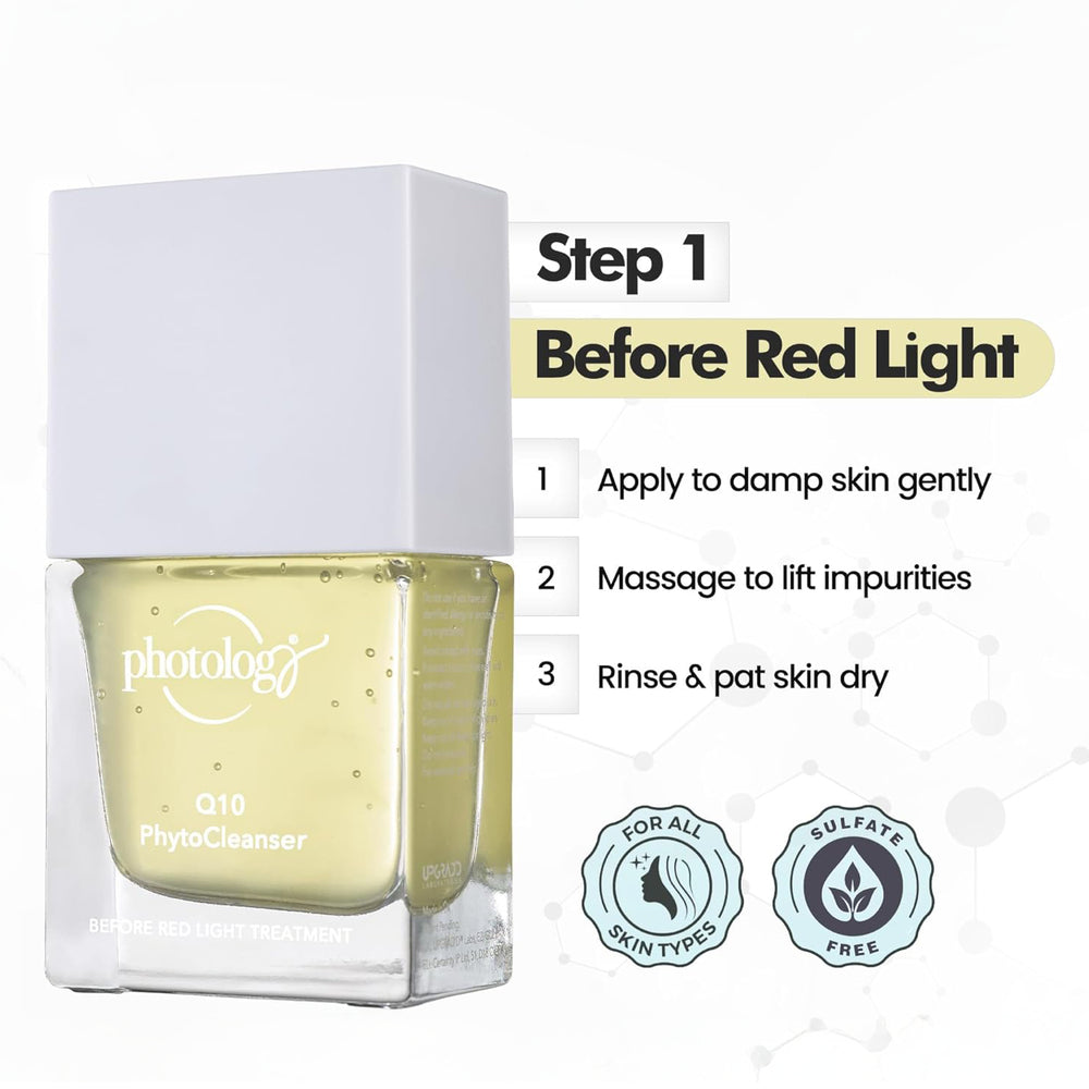 A bottle of Rio Photology Q10 Pre-treatment Phyto Cleanser with instructions: apply to damp skin, massage, rinse, and pat dry. CoQ10 cleanser for all skin types, sulfate-free. Step 1 before red light therapy.