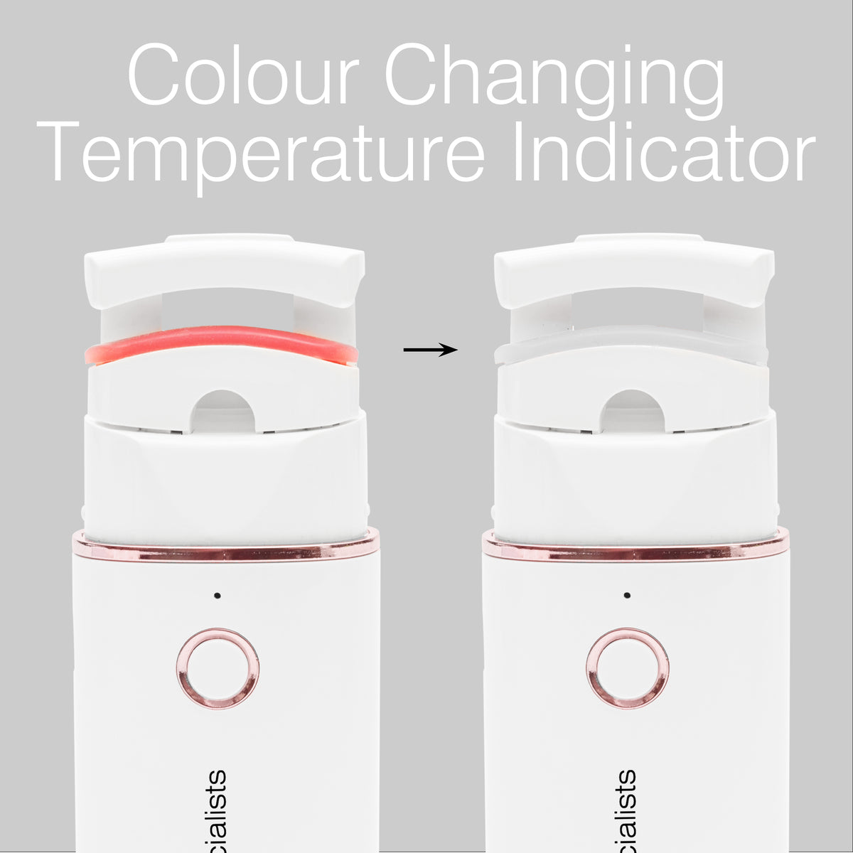 The Rio WOW Lash Heated Eyelash Curler has two white devices with temperature indicators: the left strip is red, the right is grey. Text above reads Colour Changing Temperature Indicator—perfect for beautifully curled lashes.
