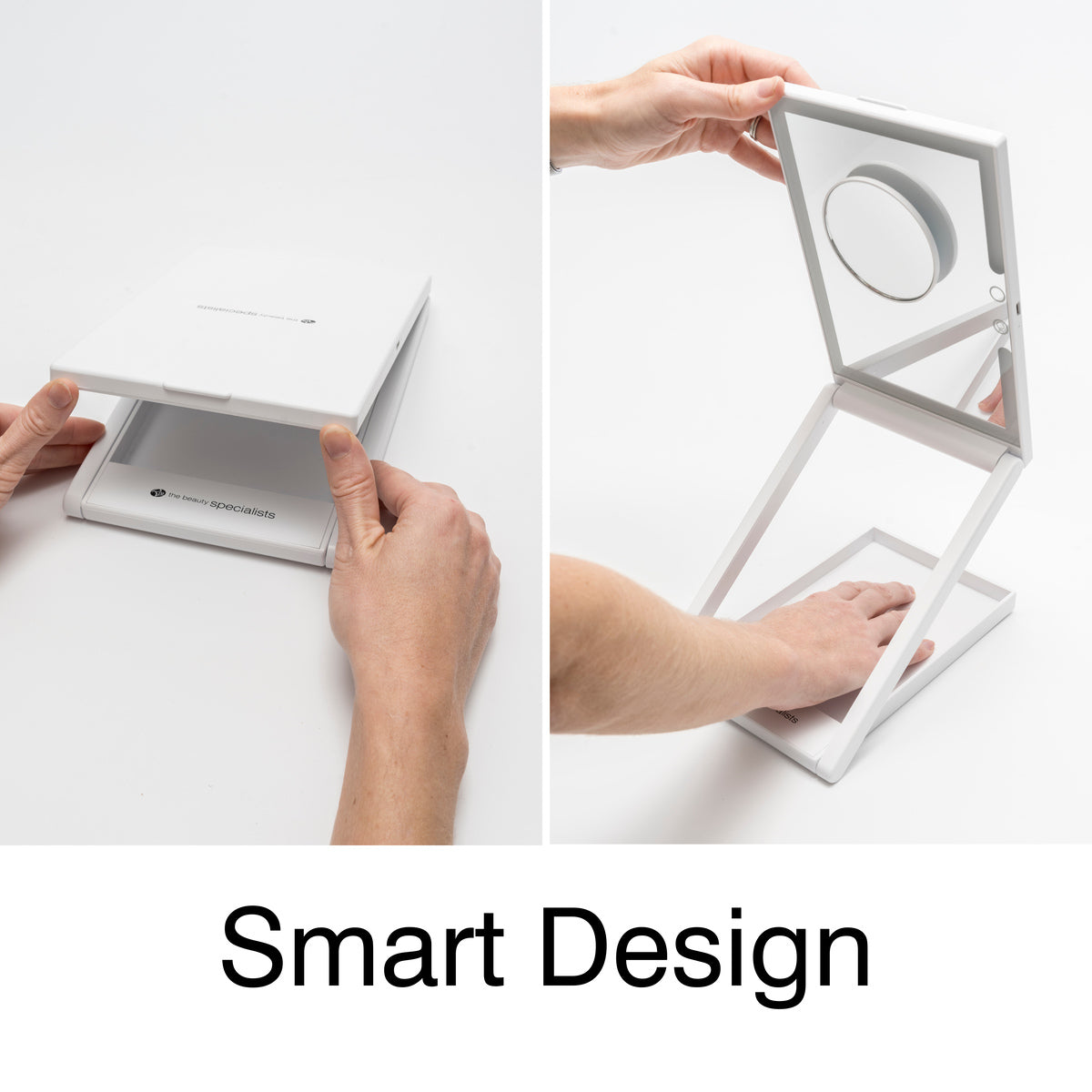 Split image: Left side shows hands folding the Rio Home & Away Dressing Table Make Up Mirror; right side shows fingers under its built-in magnifying glass and light. Text below reads “Smart Design.”.