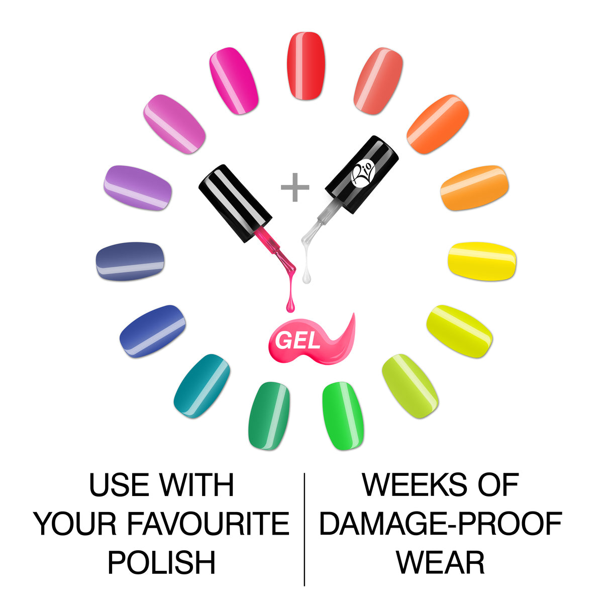 A vibrant circle of Rio 14 Day Gel Polish Nails frames two bottles—pink and clear—inviting you to enjoy a salon-quality manicure at home with weeks of long-lasting shine. Use with your favorite polish!.