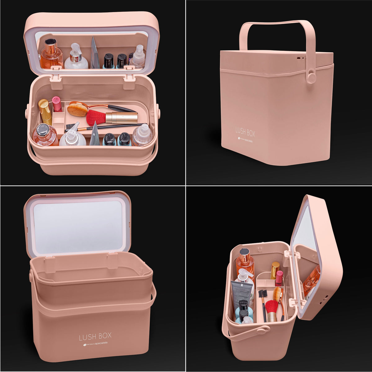 A blush pink Rio Lush Box Vanity Case - Large is displayed from four angles, filled with makeup and skincare. This modern minimalist organizer features a handle, latch closure, and sits against a black background.