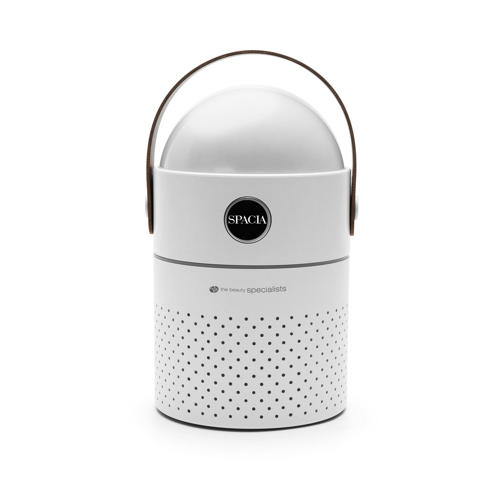 The Rio Galaxy Projector Children’s Essential Oil Diffuser is a white, cylindrical humidifier and night light featuring a perforated lower half, dome-shaped top, and brown handle for easy carrying.