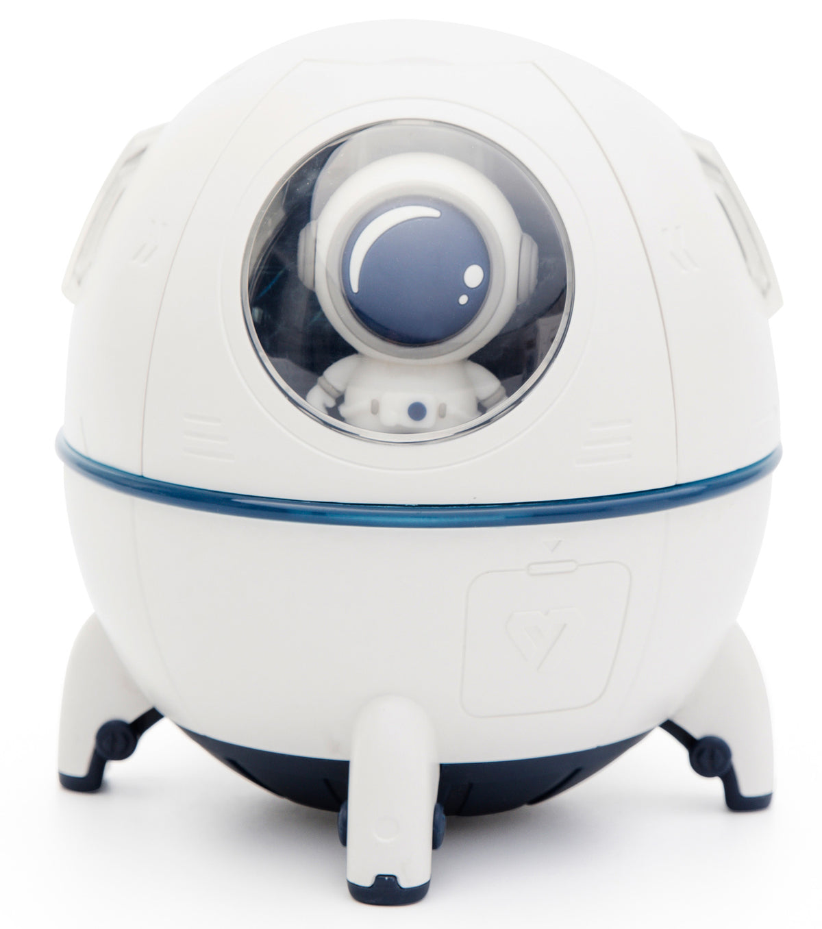 The Rio Spaceship Explorer Childs Essential Oil Diffuser, Humidifier and Night Light has a white, round spaceship shape with three legs, a clear window revealing an astronaut figure, and simple blue and black details for a cute, futuristic look.
