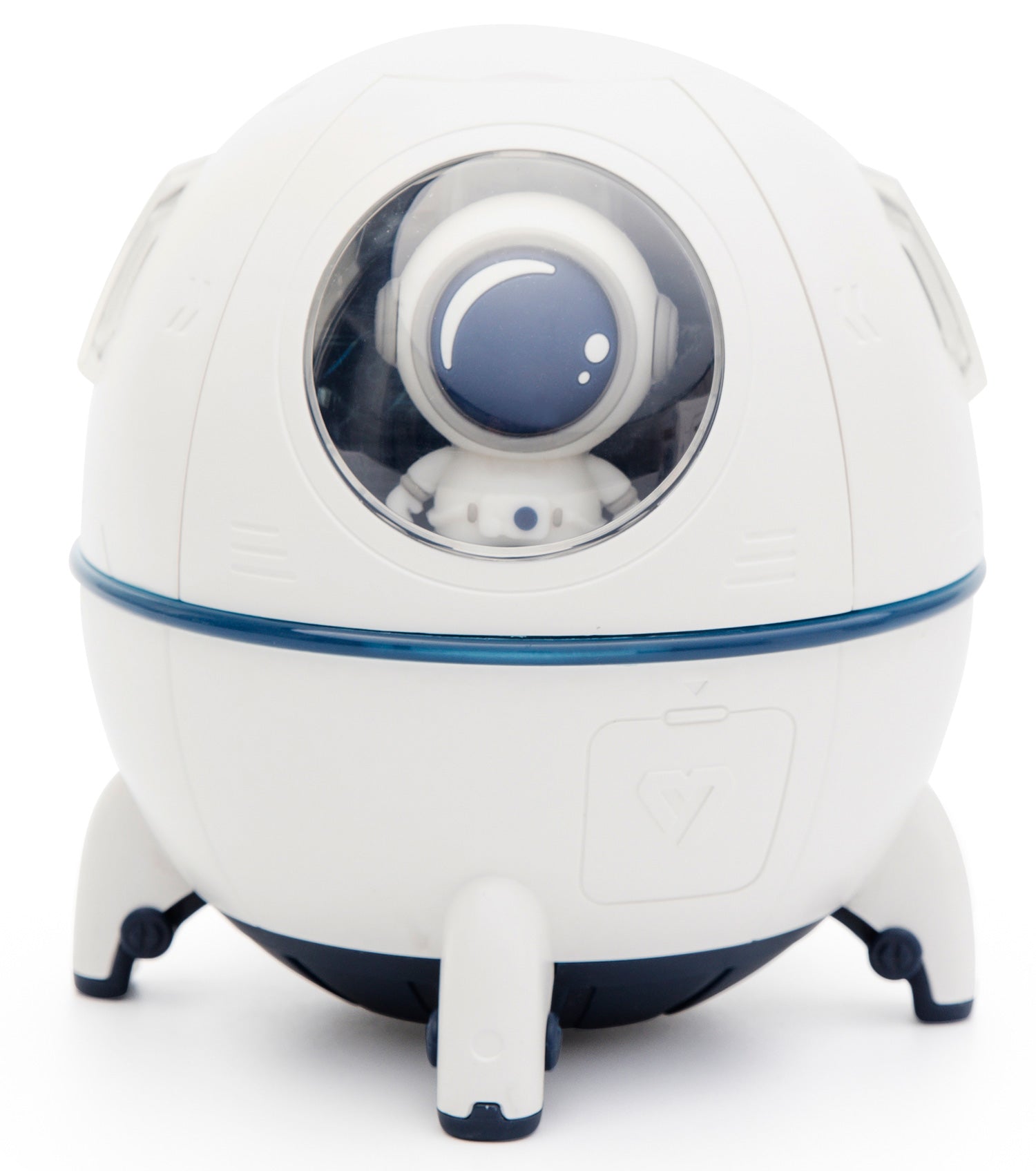The Rio Spaceship Explorer Childs Essential Oil Diffuser, Humidifier and Night Light has a white, round spaceship shape with three legs, a clear window revealing an astronaut figure, and simple blue and black details for a cute, futuristic look.