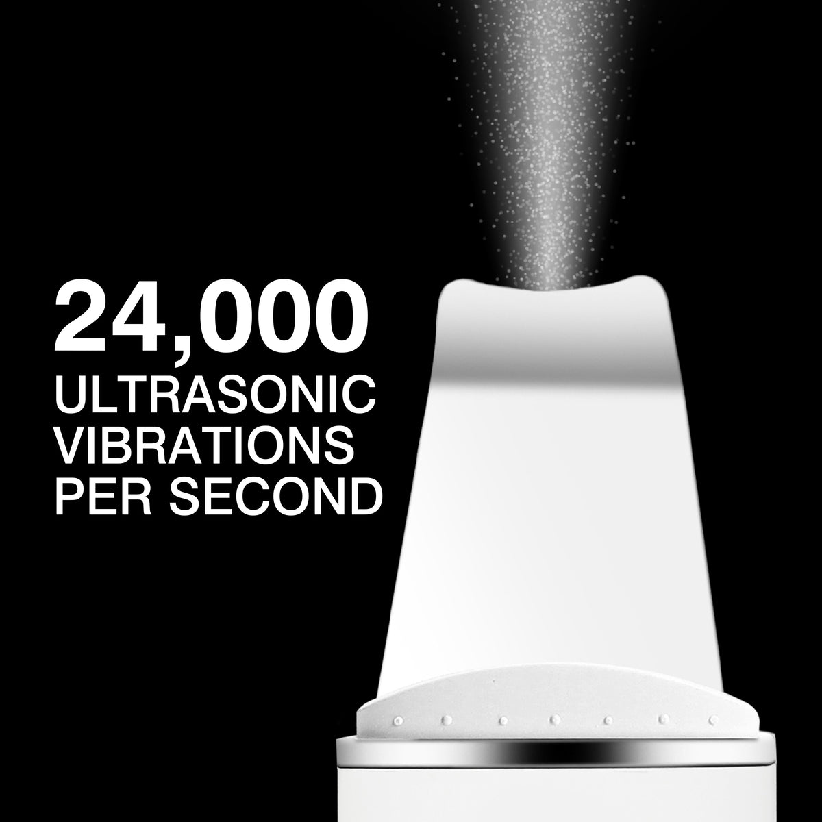 A close-up of the Rio Ultrasonic Skin Cleanser emitting a fine mist from its metal tip, with 24,000 ultrasonic vibrations per second text—ideal for deep skin cleansing and gentle exfoliation.
