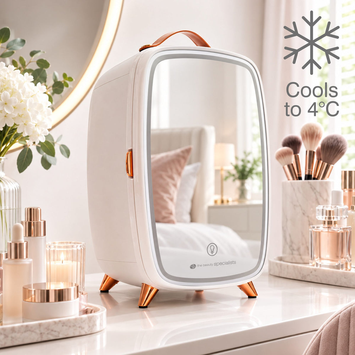 A white and rose gold Rio Beauty Skincare Fridge With Mirror sits on a vanity surrounded by flowers, candles, and makeup brushes. Perfect for storing cosmetics and creams, this chic fridge features a mirrored door and offers chilled storage down to 4°C.