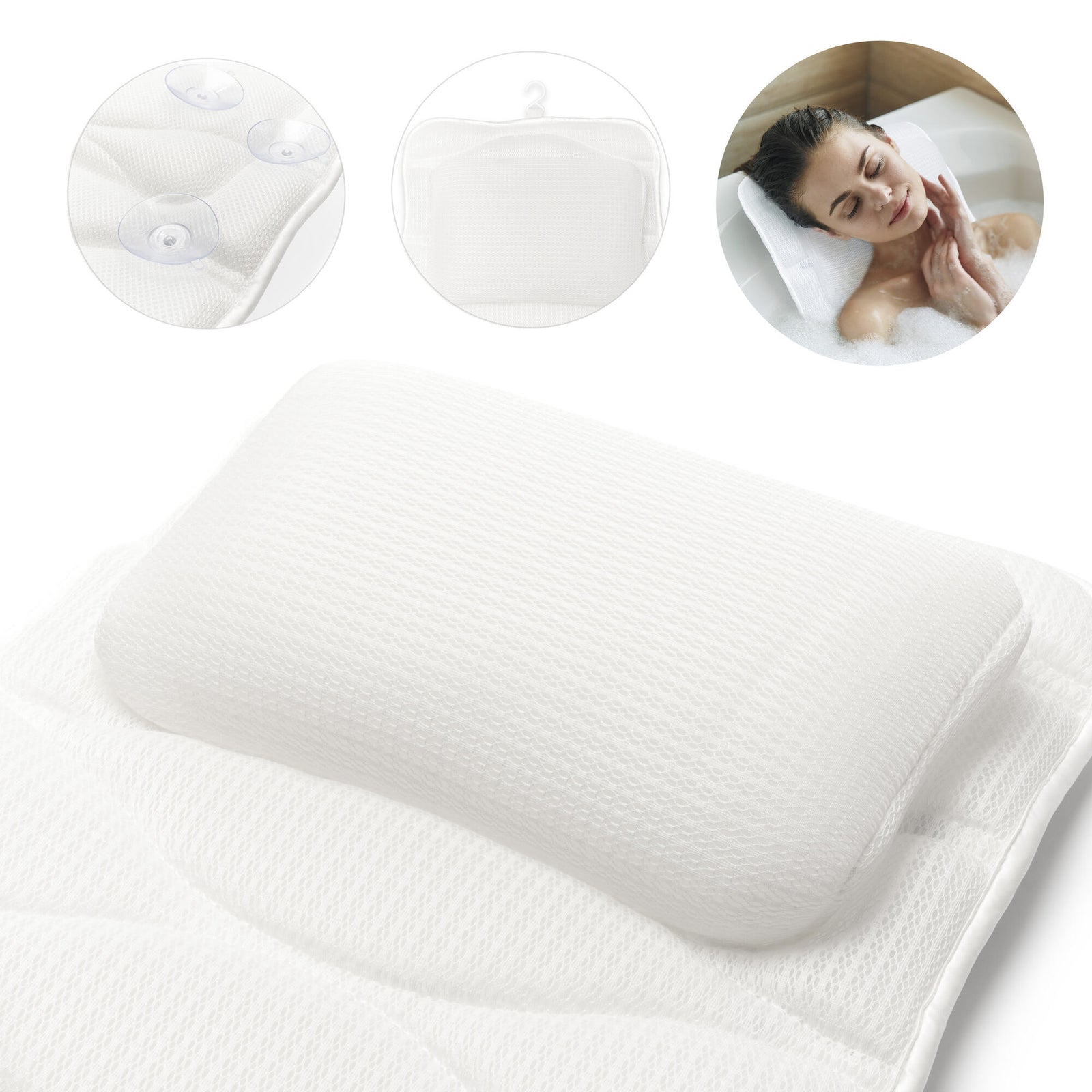 Close-up of Rio Luxury Bath Mat & Pillow in white, featuring a textured surface, suction cups, and hanging hook. Inset shows a woman relaxing with the pillow offering neck support for maximum comfort.