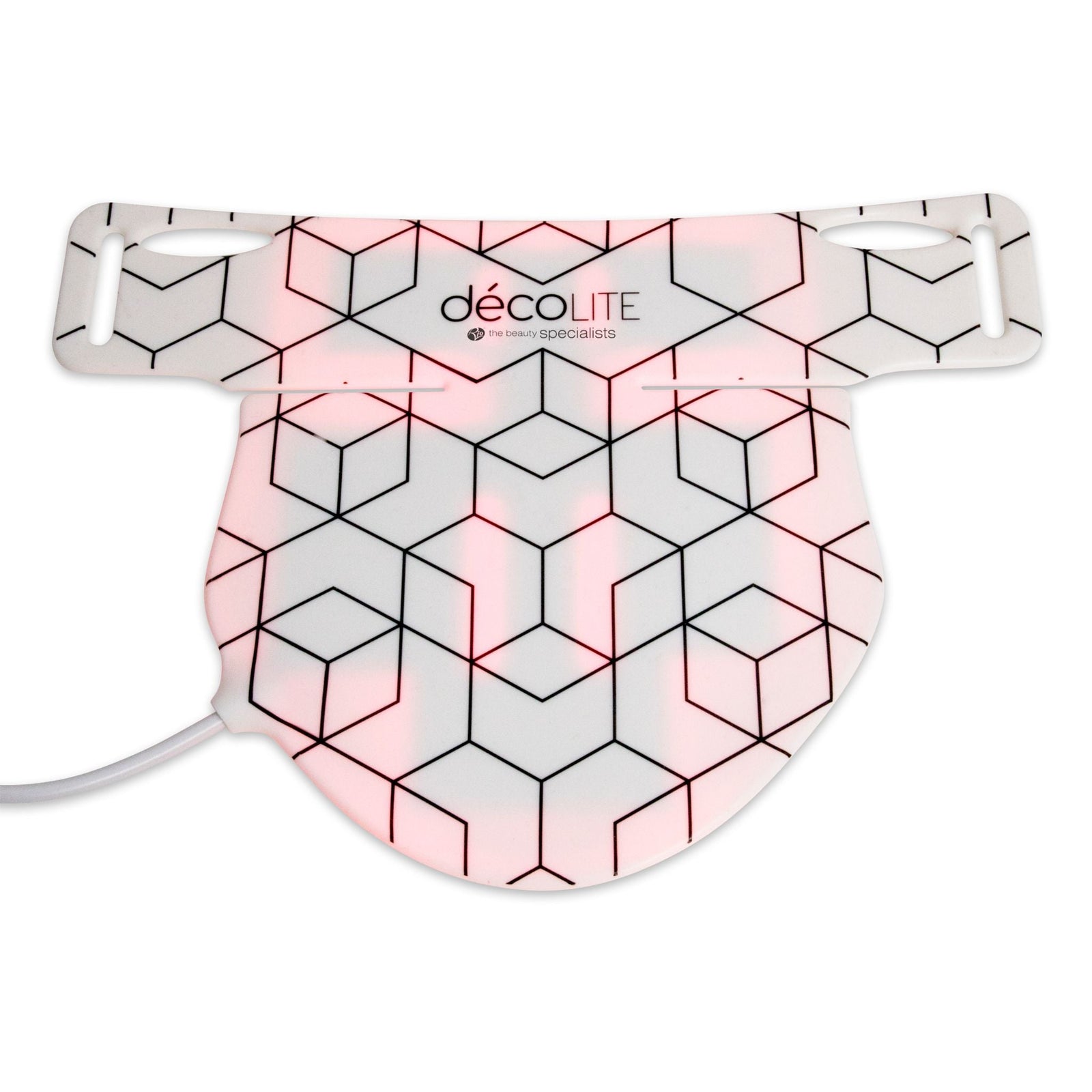 A white, geometric-patterned LED mask with pink lights beneath—Rio’s décoLITE Anti-Ageing Light Treatment for radiant skin—with a cable on the left side.