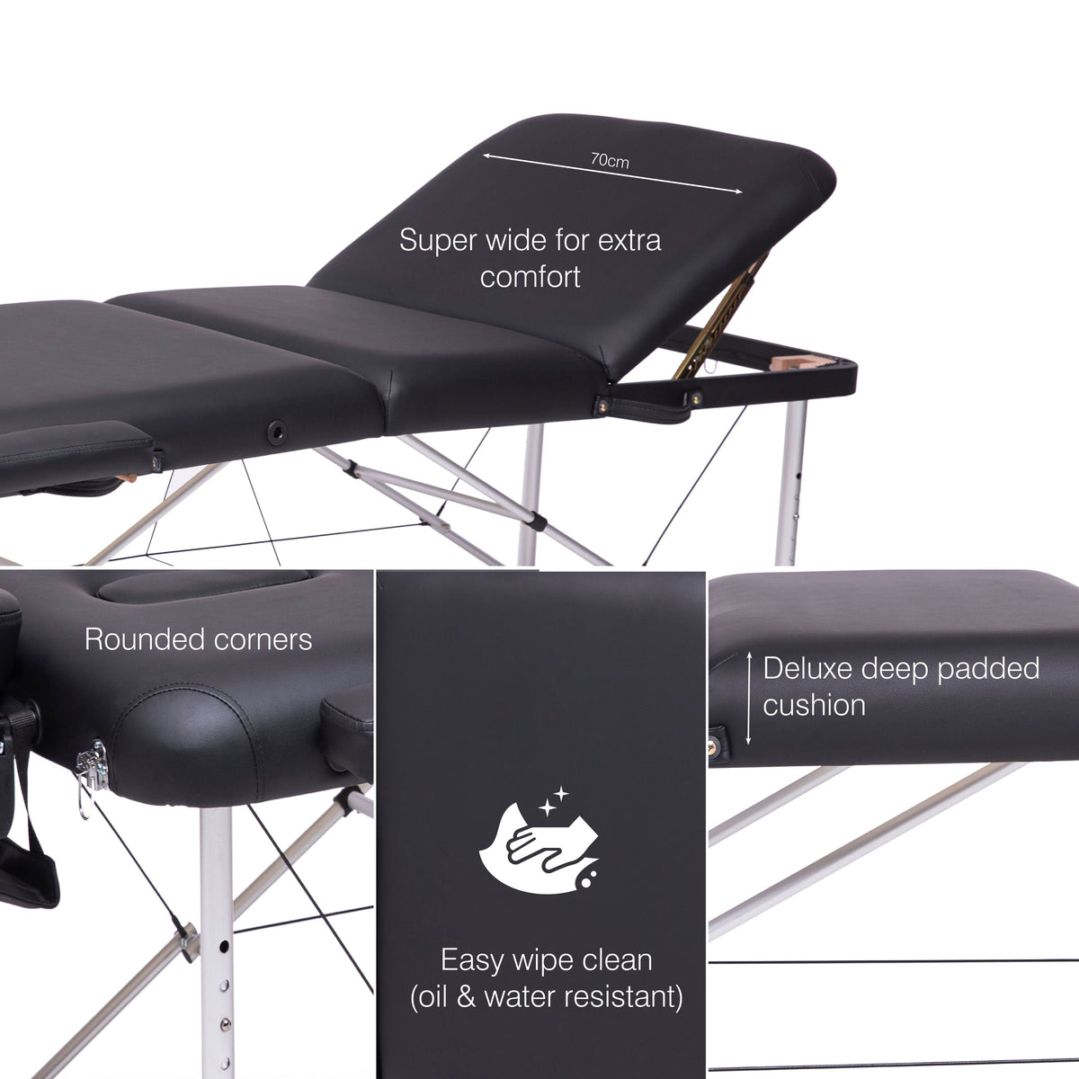 The Rio Professional Aluminium Massage Table & Treatment Couch features a 70cm width, deep padding, rounded edges, and an oil- and water-resistant surface—easy to clean and ideal for at-home massages.