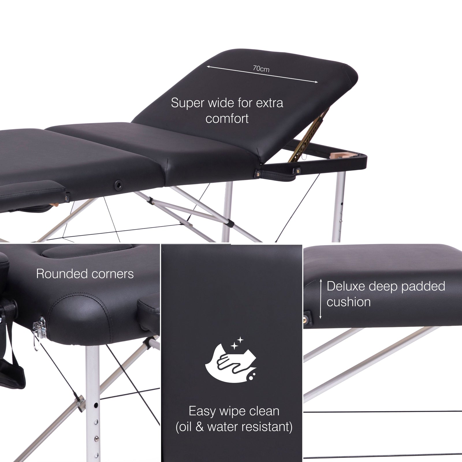 The Rio Professional Aluminium Massage Table & Treatment Couch features a 70cm width, deep padding, rounded edges, and an oil- and water-resistant surface—easy to clean and ideal for at-home massages.