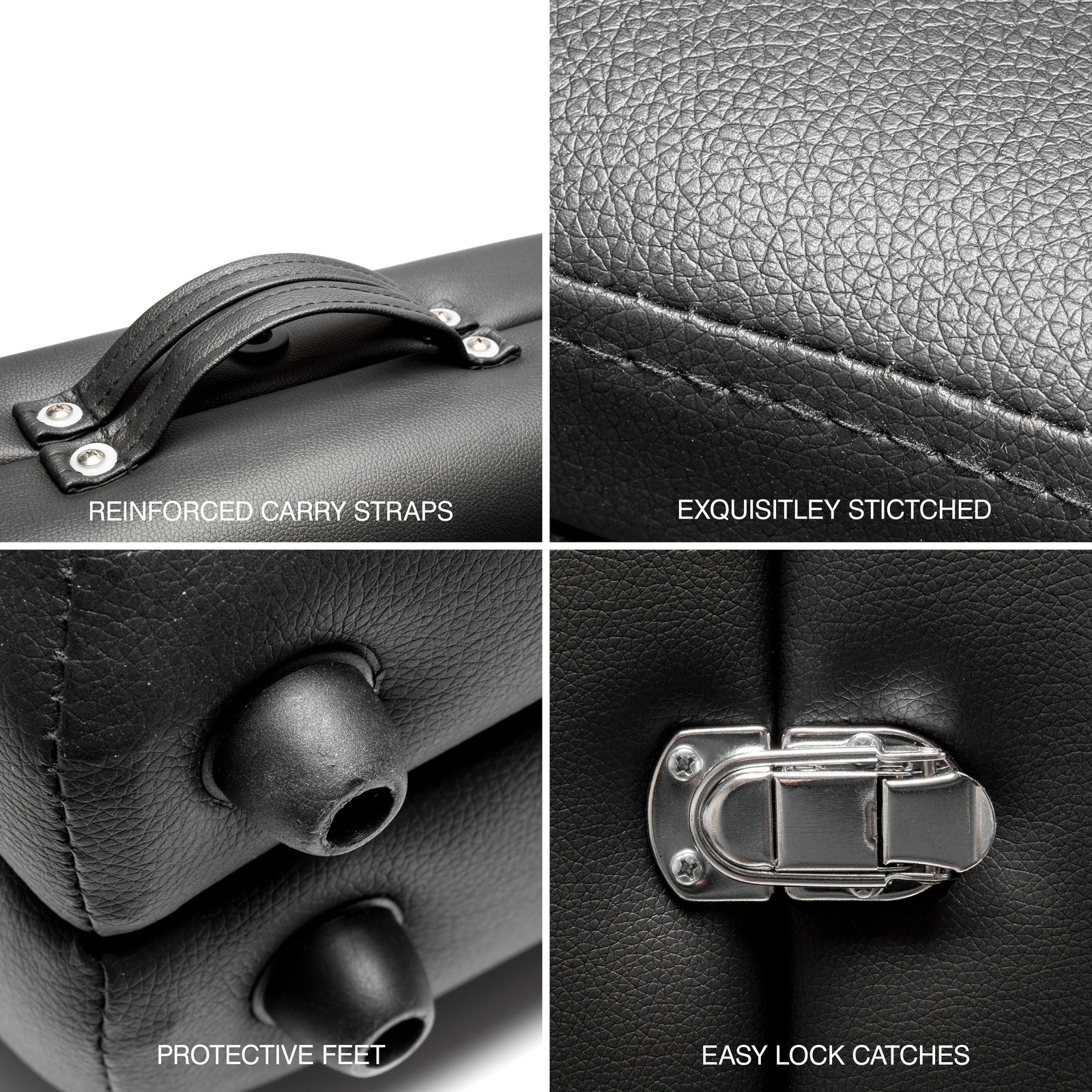 A collage of four close-ups displays features of the Rio Professional Aluminium Massage Table & Treatment Couch case: reinforced straps, fine stitching, protective feet, and a metal lock catch, each labeled with text.