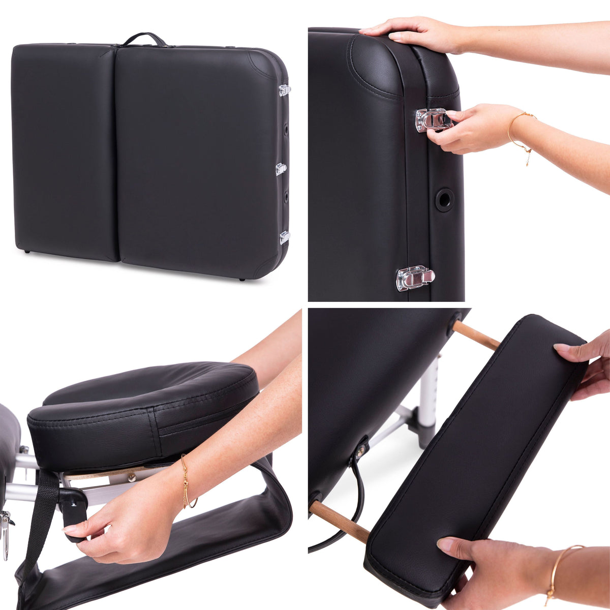 The Rio Professional Aluminium Massage Table & Treatment Couch is shown folded, with close-ups of hands releasing the latches, adjusting the headrest, and holding a cushioned leg rest—ideal for at-home or professional treatments.