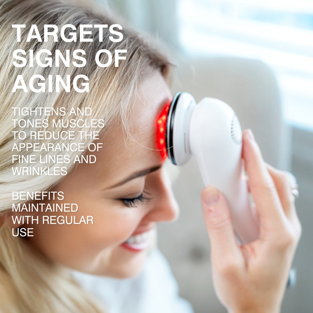 A woman smiles using the Rio FaceLift & Tone Beauty Spa on her forehead. White text highlights its benefits for targeting signs of aging, reducing wrinkles, and promoting firmer-looking skin with regular use.