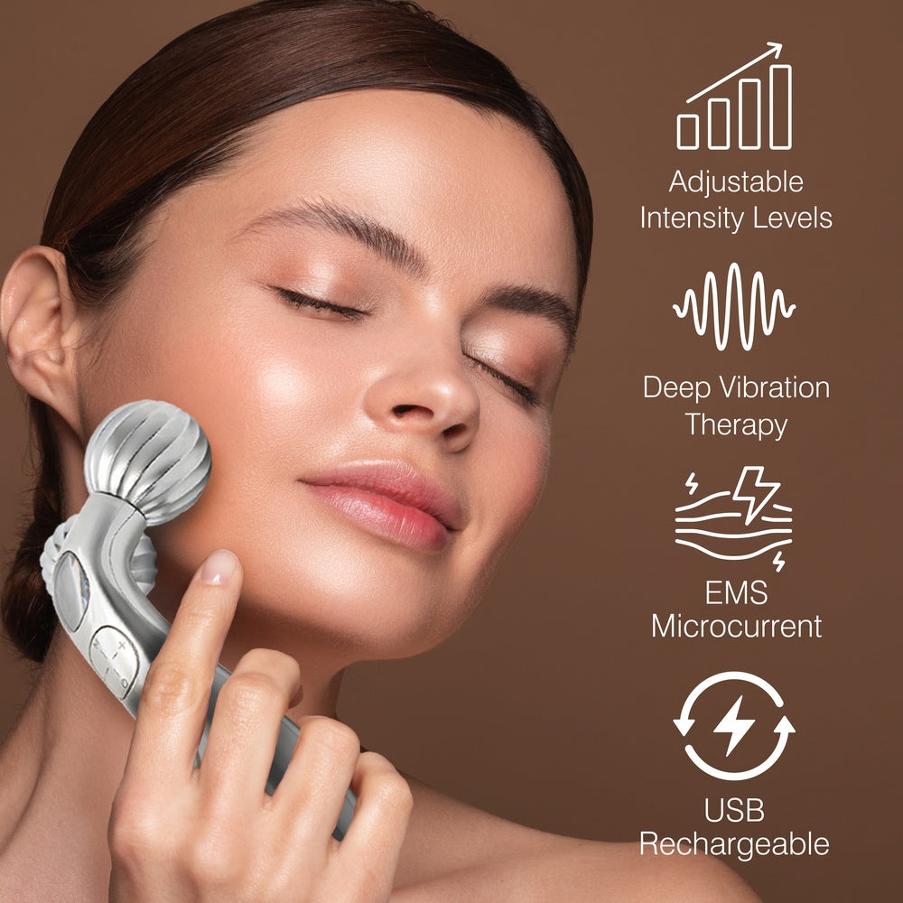 A woman with closed eyes uses the Rio Face & Body Massage Roller on her cheek. Beside her are icons showing adjustable intensity, deep vibration therapy, EMS microcurrent, skin firming benefits, and USB recharge.