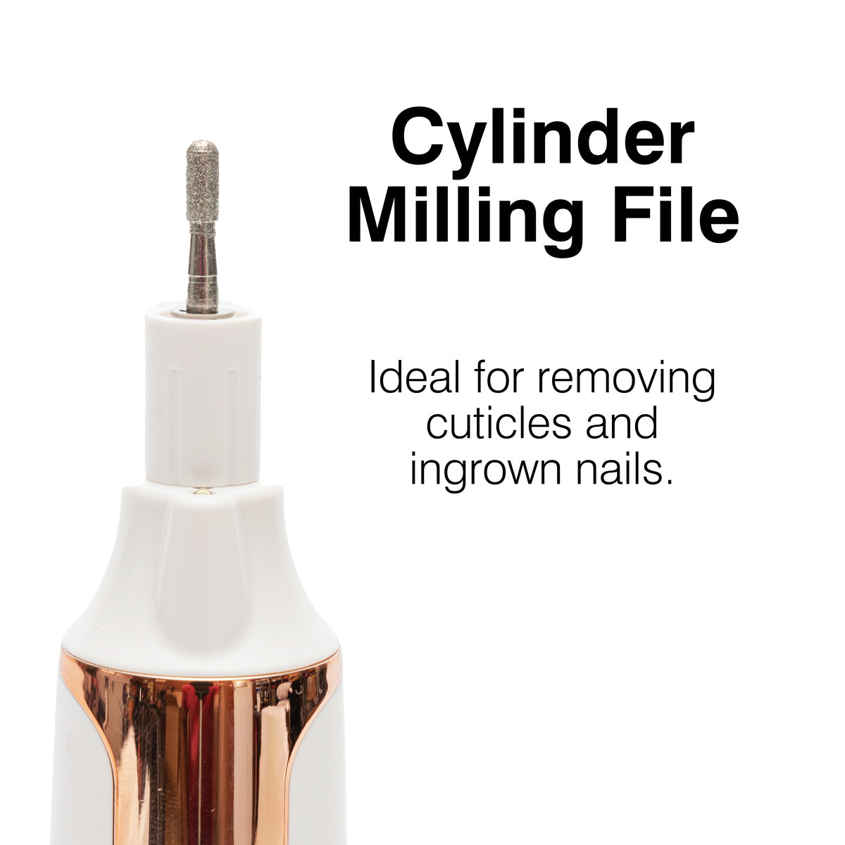 A close-up of the Rio Precision Pro Electric Nail File with a white and rose gold body and cylindrical metal tip. Ideal for precision nail care, removing cuticles and ingrown nails. Text reads: Cylinder Milling File.