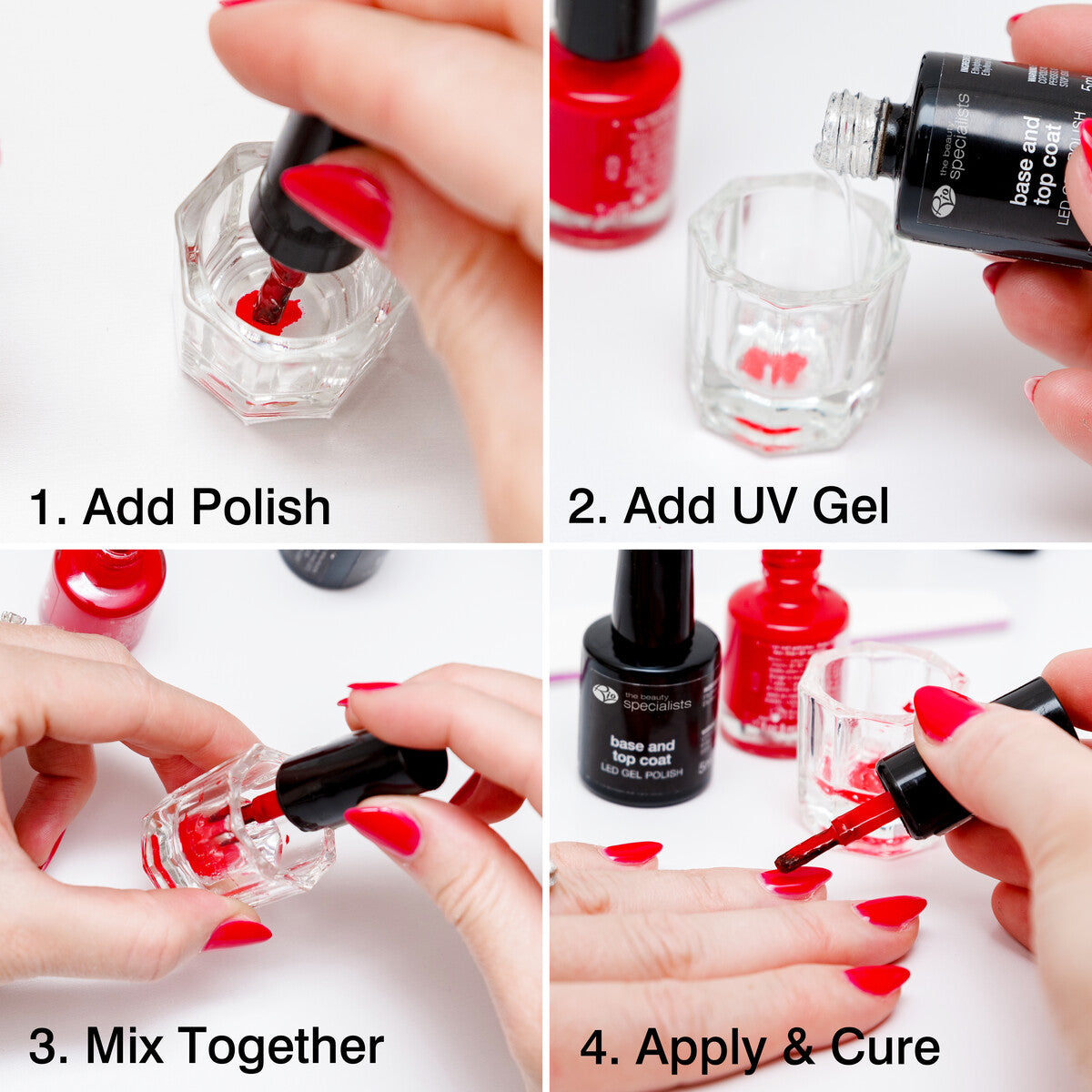 Four-step guide: 1. Add Rio 14 Day Gel Polish (red) to a small container. 2. Add clear UV gel for lasting shine. 3. Mix with a brush. 4. Apply to nails, cure, and achieve a salon-quality manicure at home.
