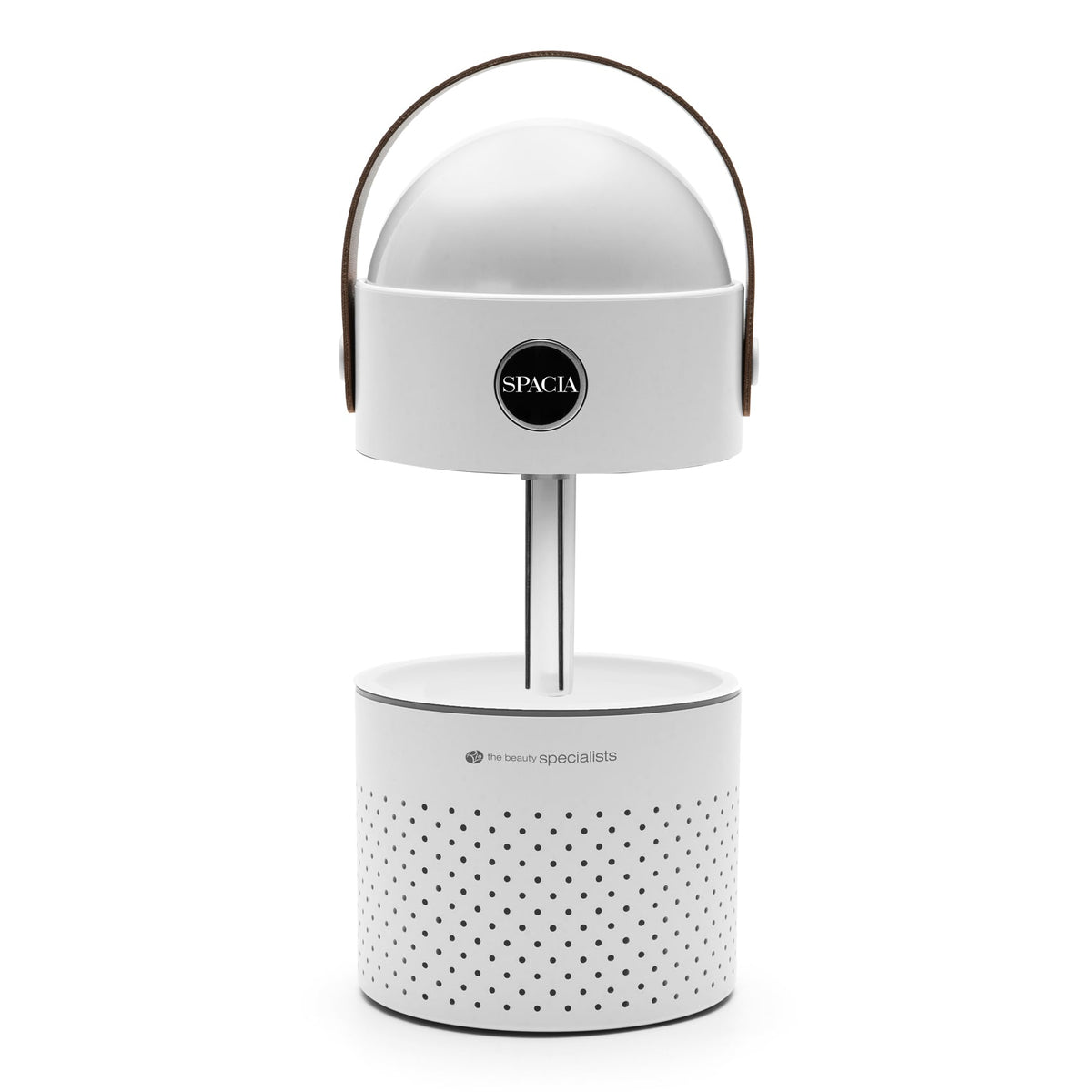 The Rio Galaxy Projector Childrens Essential Oil Diffuser is a modern white portable humidifier and night light with a cylindrical perforated base, dome top, black circular logo, and brown handle. It also functions as an essential oil diffuser.