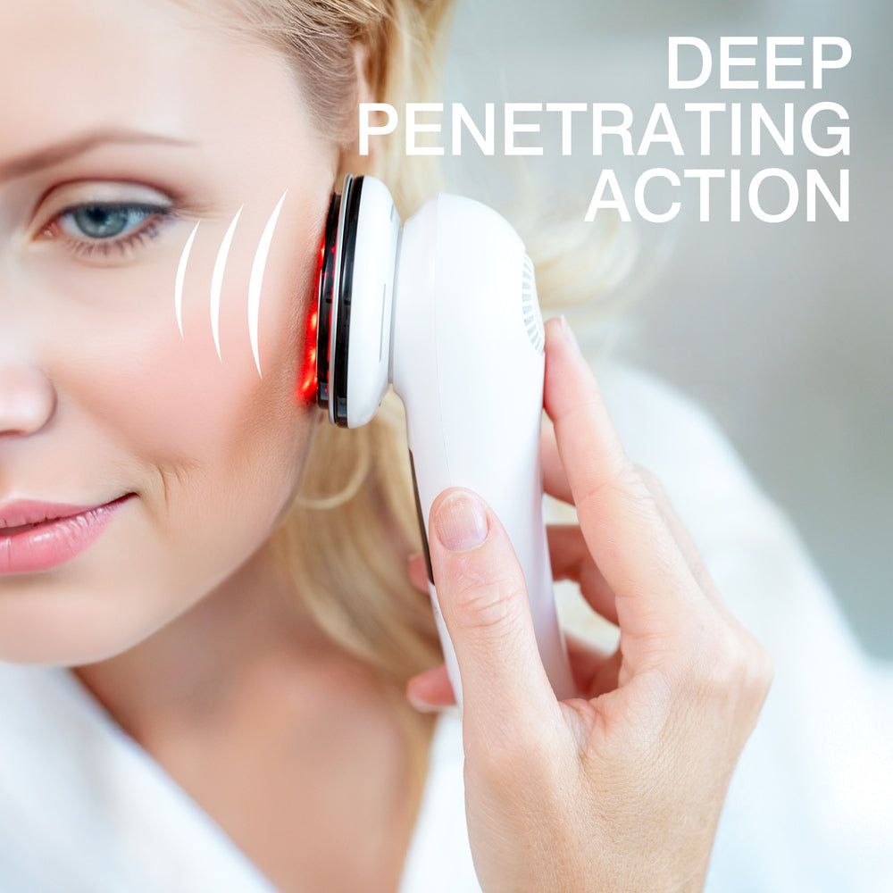 A woman uses the Rio FaceLift & Tone Beauty Spa with red light on her cheek. "Deep Penetrating Action" is overlaid, with white lines showing how it helps achieve firmer-looking skin.