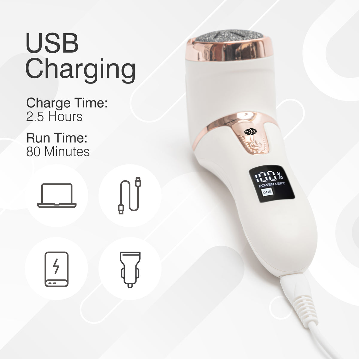 The Rio Go Smooth Electric Foot File Hard Skin Remover with Vacuum Action in white and rose-gold charges via USB (2.5 hrs) for 80 mins run time; digital display—ideal for smooth feet and removing dry skin.