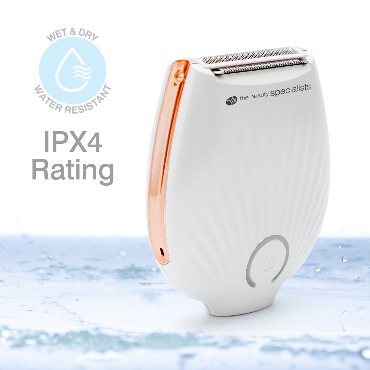 The Rio GO SMOOTH Lady Shaver in white and rose gold stands upright on a wet surface, highlighting effortless shaving, Wet & Dry use, water resistance with IPX4 rating, and a water droplet icon in the background.