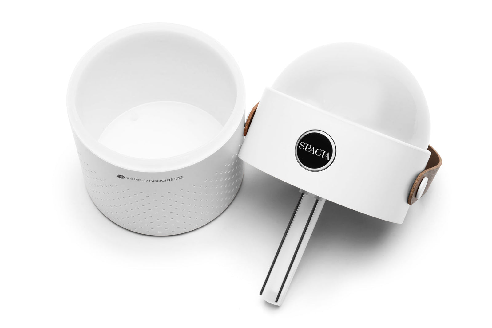 A white, dome-shaped Rio Galaxy Projector Childrens Essential Oil Diffuser, Humidifier, and Night Light is shown open on a white background—resembling a stylish kitchen appliance with the inner container beside the lid.
