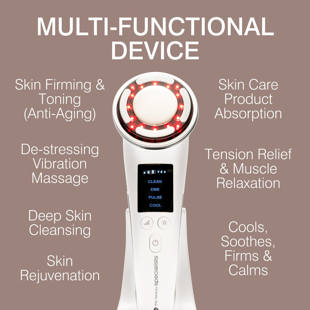 The Rio FaceLift & Tone Beauty Spa, a white anti-aging device with a round red-lit head, is shown center, highlighting benefits like skin firming, deep cleansing, vibration massage, enhanced product absorption, and relaxation.