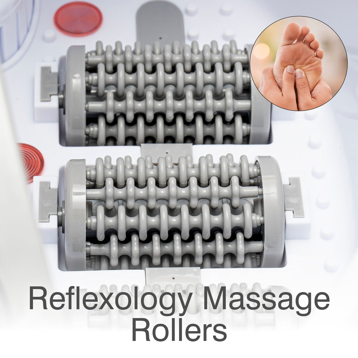 Close-up of two gray reflexology massage rollers inside the Rio Deluxe Foot Spa Bath and Massager, with an inset of a hand massaging a bare foot; text reads Reflexology Massage Rollers.