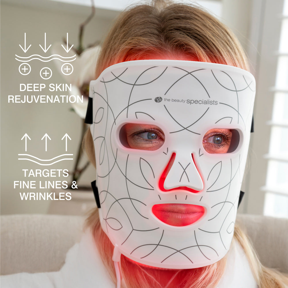 A person wears the Rio LED Face Mask by Rio with black line patterns. Text reads: Deep Skin Rejuvenation, Targets Fine Lines & Wrinkles. The red glow highlights anti-ageing light therapy for radiant skin.