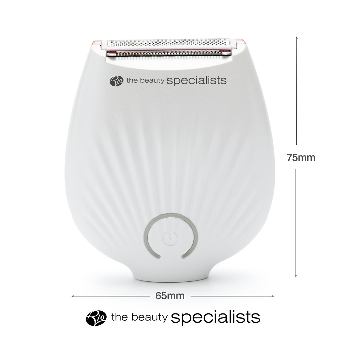 The Rio GO SMOOTH Lady Shaver is a white, seashell-shaped electric shaver with a front power button, measuring 75mm x 65mm. Branding appears below the product.