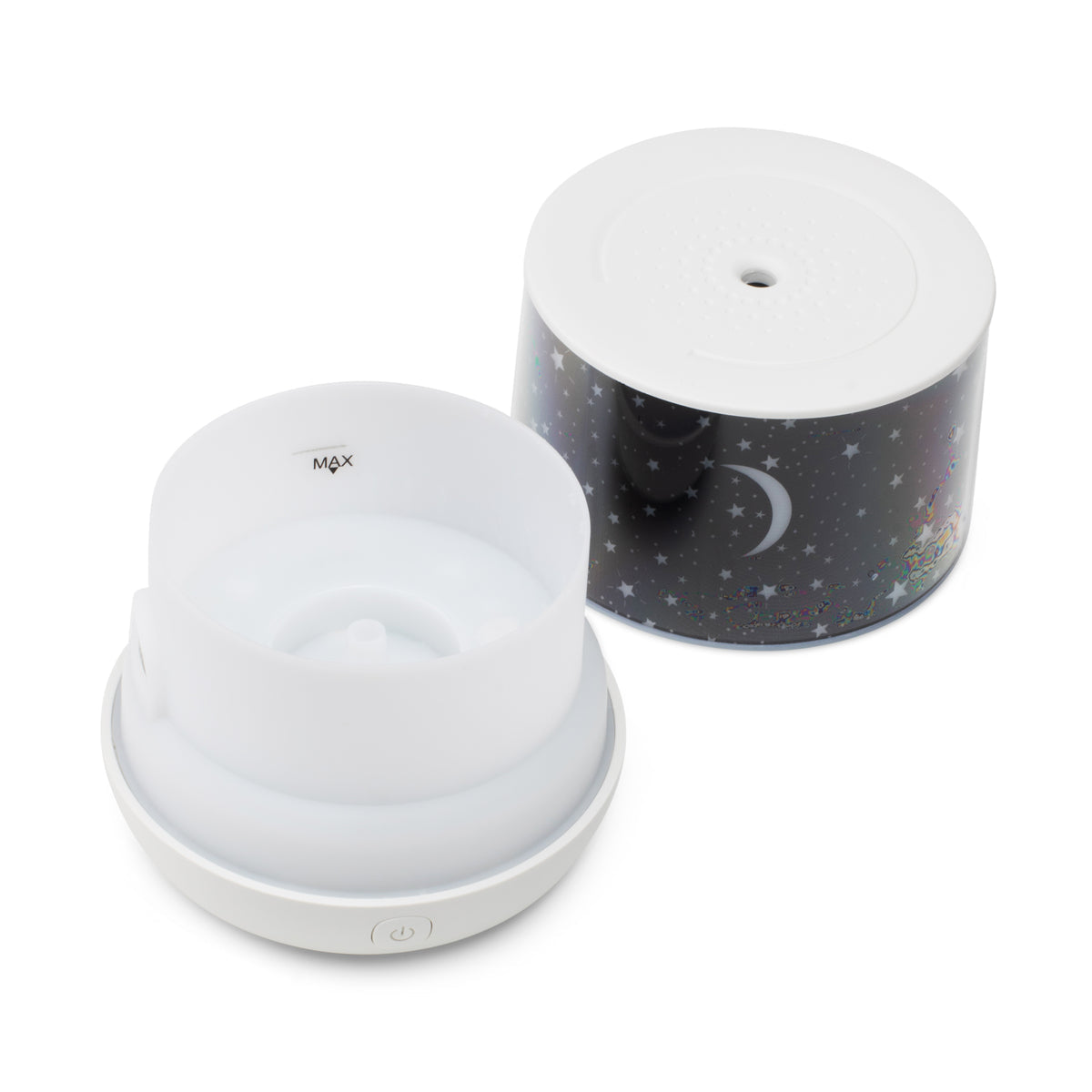 The Rio Dream Time Aroma Diffuser, Humidifier and Night Light features a removable lid adorned with a starry night sky, moon, and trees, revealing the inner chamber. Stylish and calming, it also works as a night light.