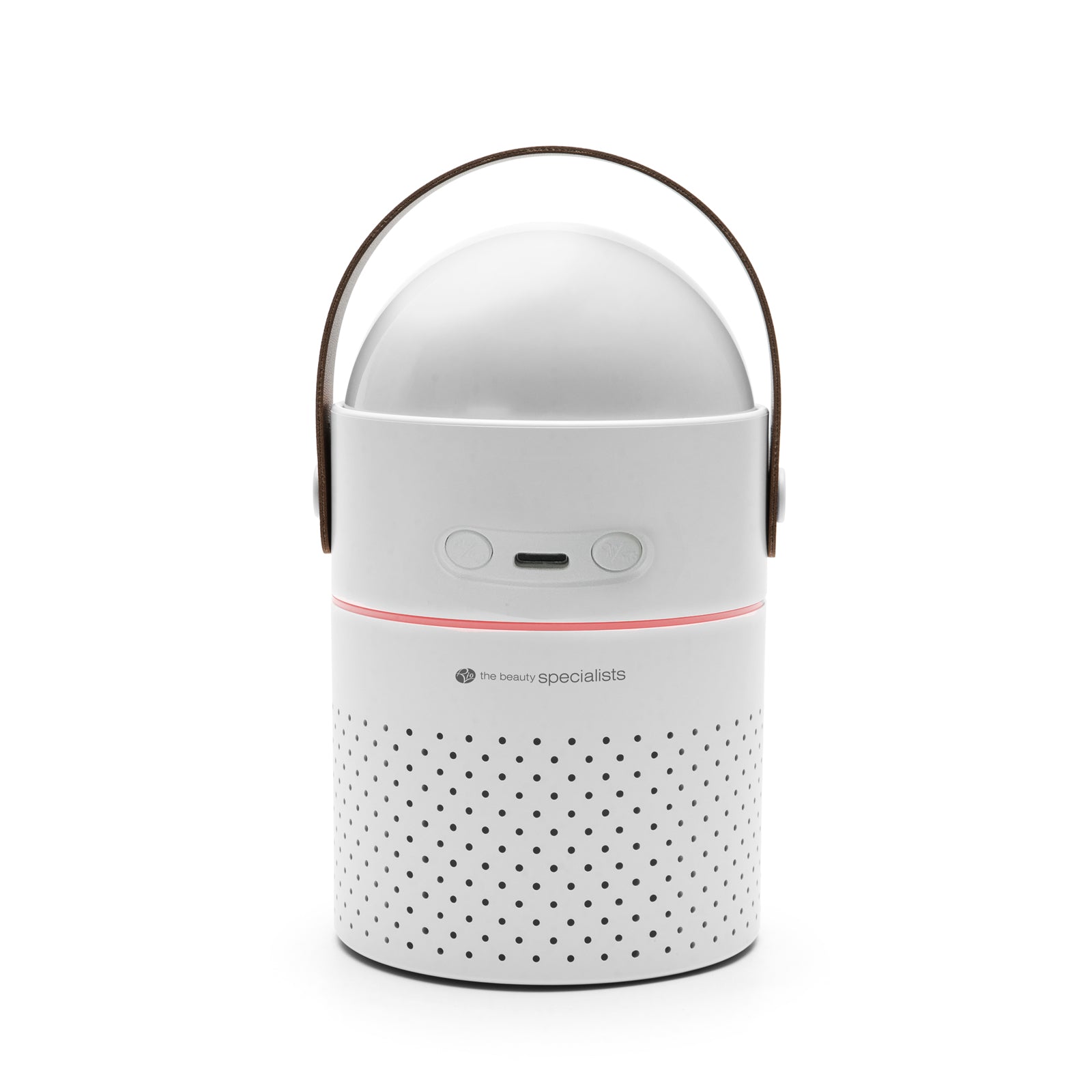 The Rio Galaxy Projector Childrens Essential Oil Diffuser is a modern, cylindrical white humidifier with a leather handle, perforated lower section, two front buttons, a small display, and a gentle night light.