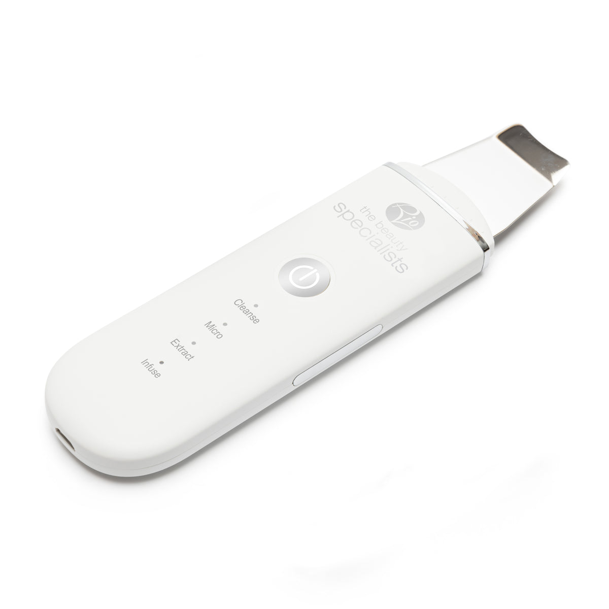 The Rio Ultrasonic Skin Cleanser is a white handheld device with a flat metal spatula tip and labeled buttons for cleanse, exfoliate, moisturize, lift, and extract modes, promoting effective skin cleansing and a refreshed complexion.