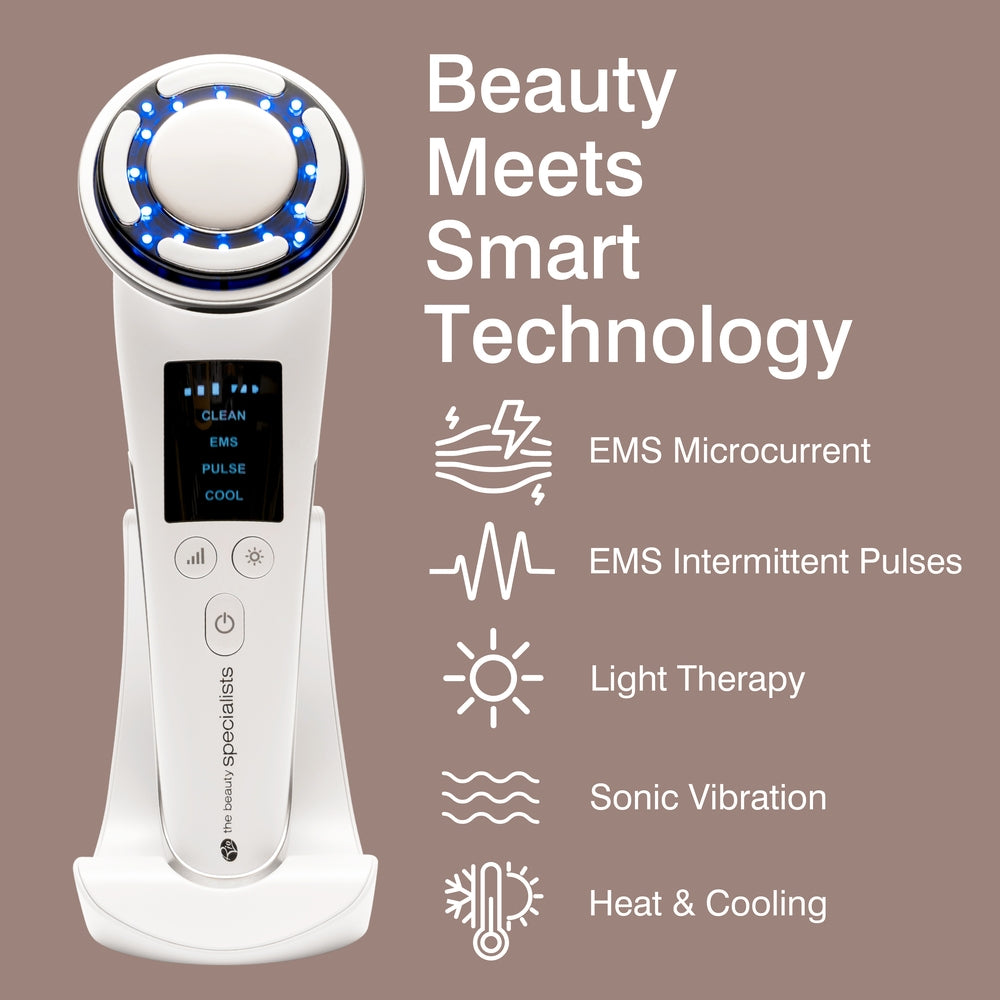 The Rio FaceLift & Tone Beauty Spa is a handheld anti-aging device with blue LED lights, touchscreen controls, and features like EMS microcurrent, facial lift, light therapy, sonic vibration, and heat & cooling.