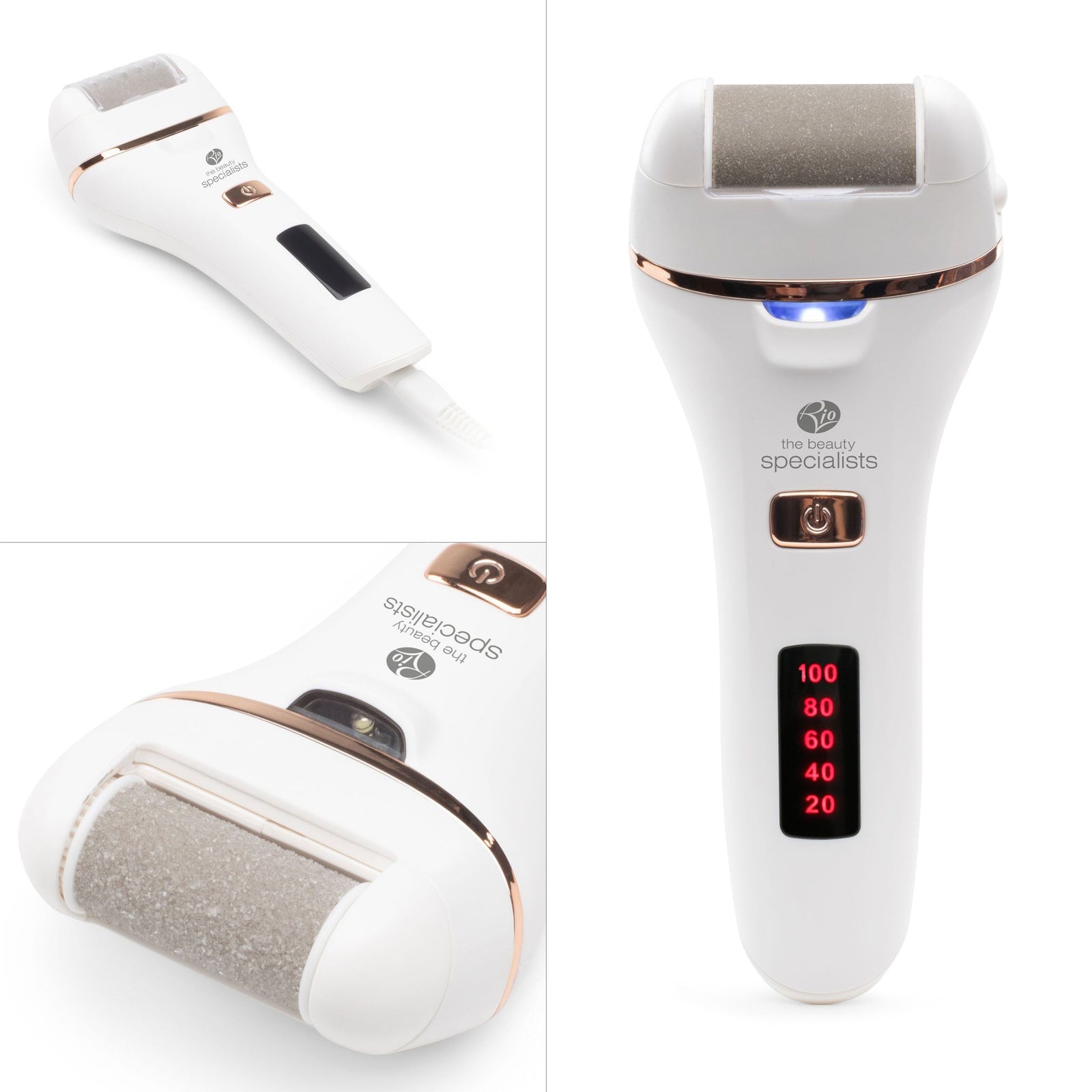 The Rio Go Smooth 60 Second Foot File Hard Skin Remover features a white design with rose gold accents, roller head, and digital red-number display—ideal for quick, easy home pedicures and effortless removal of hard skin.