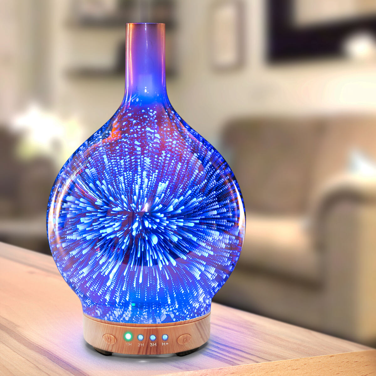 The Rio ELLA Aroma Diffuser, Humidifier and Night-Light features a glass design with a wooden base and emits vibrant blue and purple light patterns, adding a soothing touch to any softly lit living room.