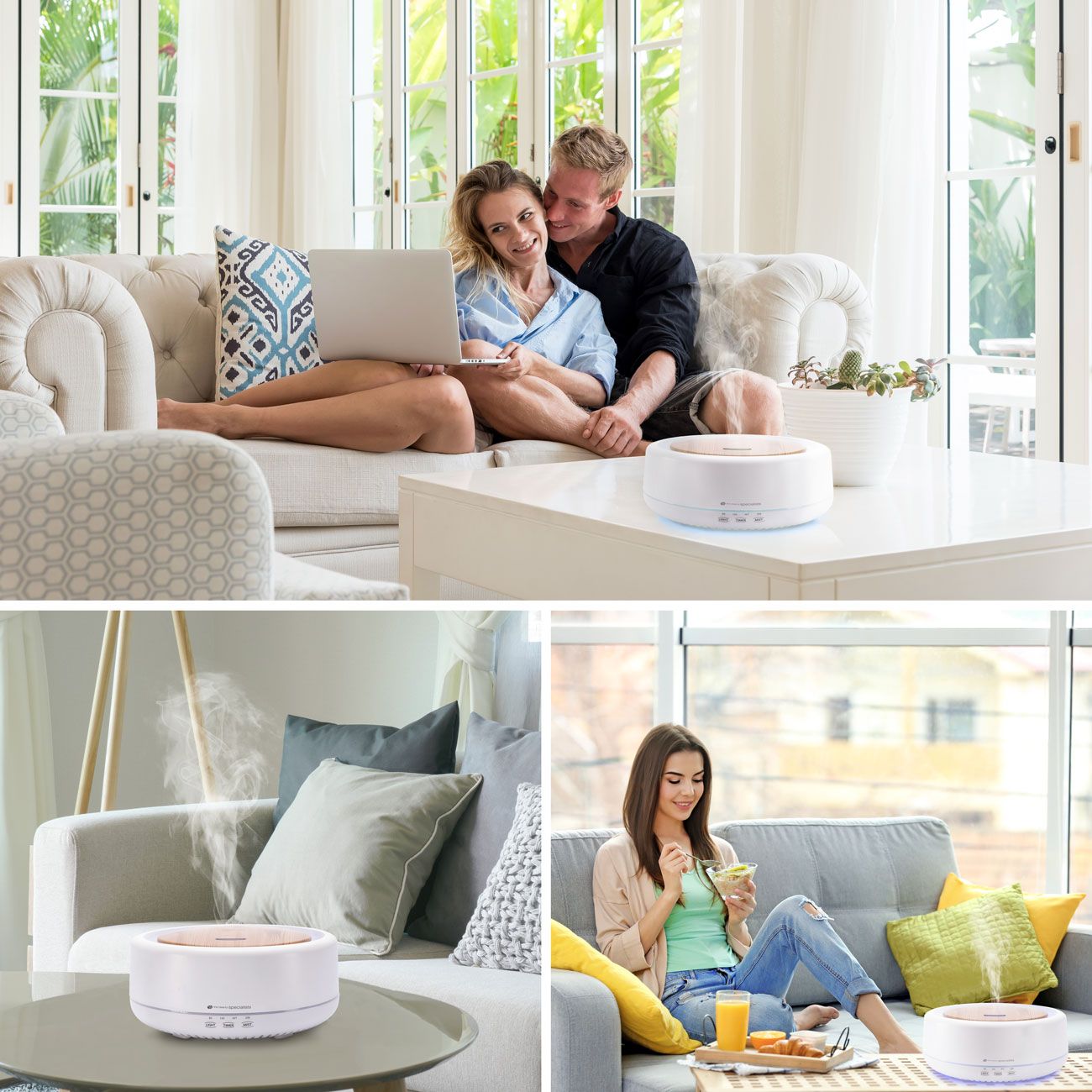 Top: A couple relaxes on a couch, smiling while using a laptop, with the Rio ENYA Aroma Diffuser, Humidifier & Night Light on the table. Bottom: Close-up of the diffuser as a woman enjoys a drink beside it on another sofa.