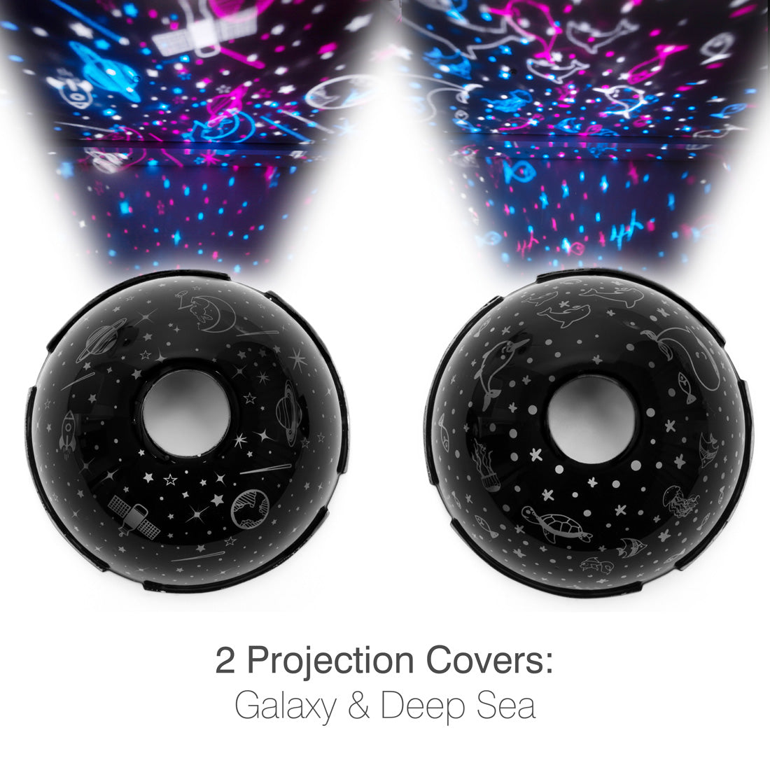 Transform the Rio Galaxy Projector Childrens Essential Oil Diffuser, Humidifier and Night Light with two black dome covers—galaxy and deep sea—to project colorful space or underwater scenes onto your ceiling. Text below: 2 Projection Covers: Galaxy & Deep Sea.