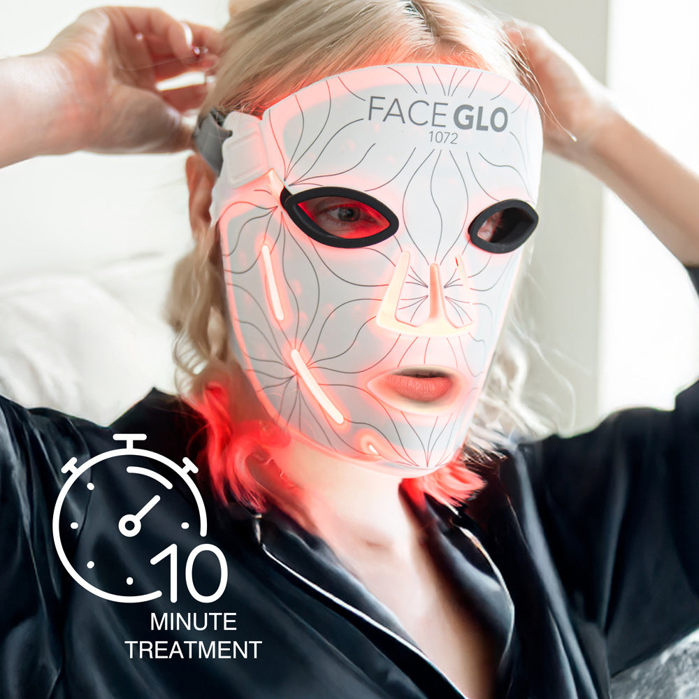 Person wearing a 'FACE GLO' LED face mask with a 10-minute treatment timer icon.