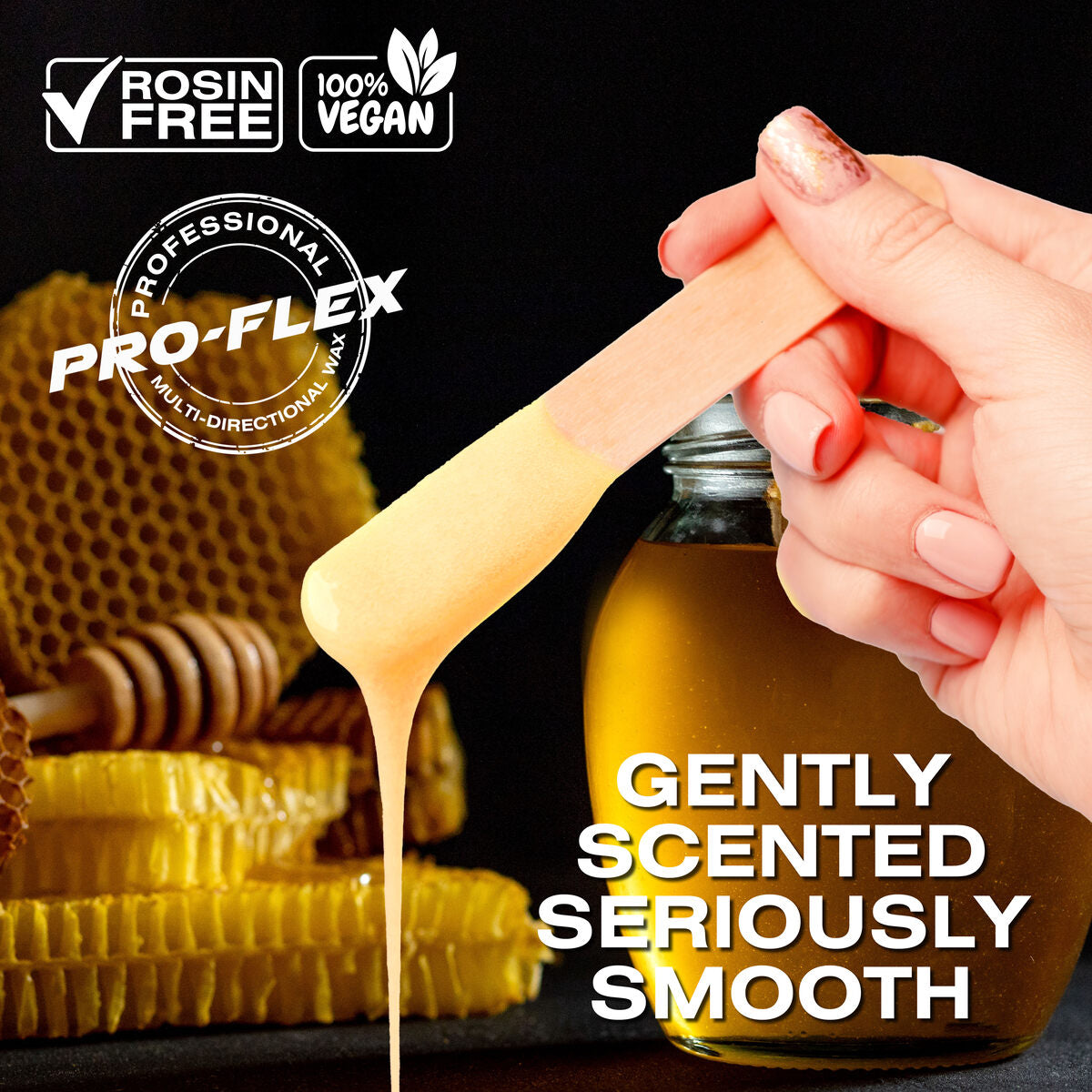 A hand holds a wooden spatula with Rio Honey Go Smooth Stripless Hard Wax Beads (100g) melting smoothly. Behind are honeycomb, a jar of golden liquid, and text: Gently Scented Seriously Smooth. Icons show Rosin Free and 100% Vegan.