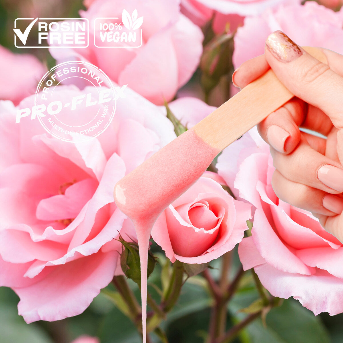 A hand holds a wooden spatula with pink Rio Rose Go Smooth Stripless Hard Wax Beads (100g) in front of blooming pink roses. The image highlights Rosin Free, 100% Vegan, and Professional Pro-Flex for smooth skin, stripless results.