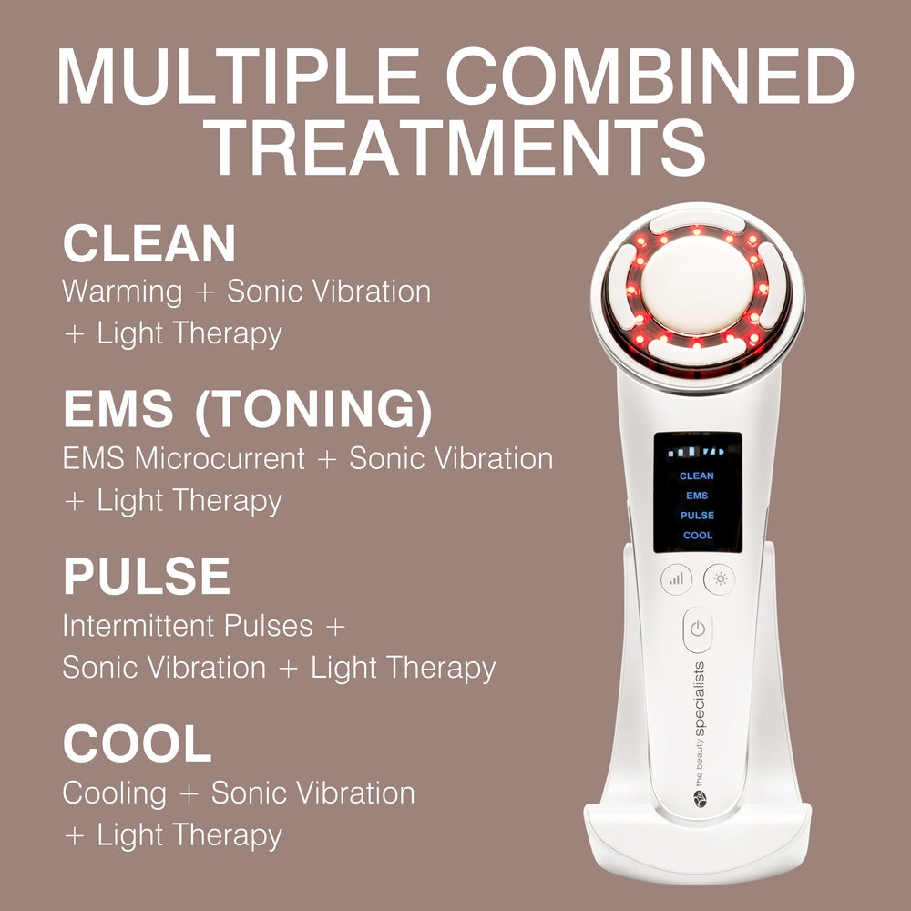 The Rio FaceLift & Tone Beauty Spa, featuring a circular LED head and digital display, offers four modes—Clean, EMS (Toning), Pulse, and Cool—that use sonic vibration and light therapy for firmer, younger-looking skin.