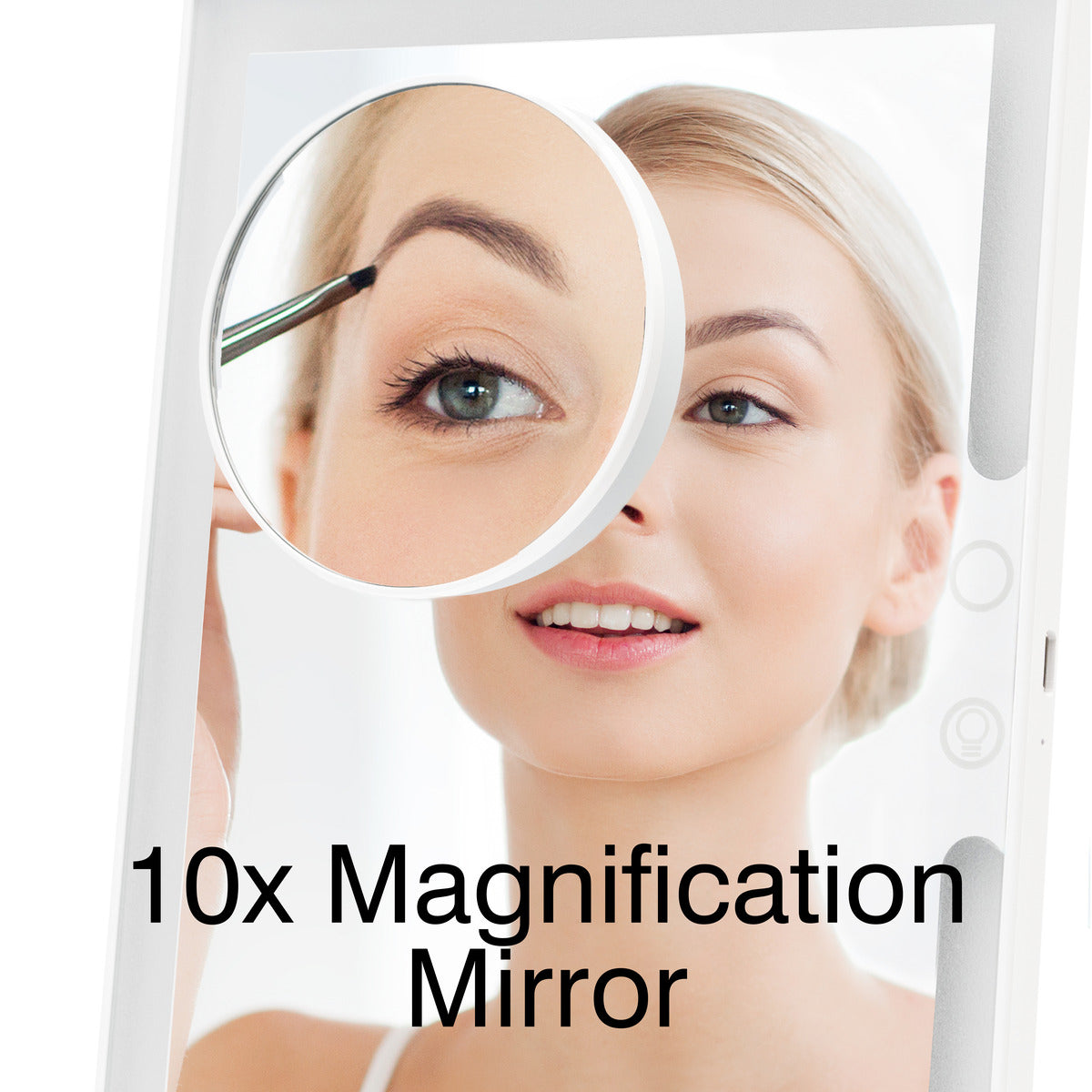 A woman uses a makeup brush near her eyebrow, reflected in the Rio Home & Away Dressing Table Make Up Mirror with 10x magnification. The text 10x Magnification Mirror appears at the bottom of the image.