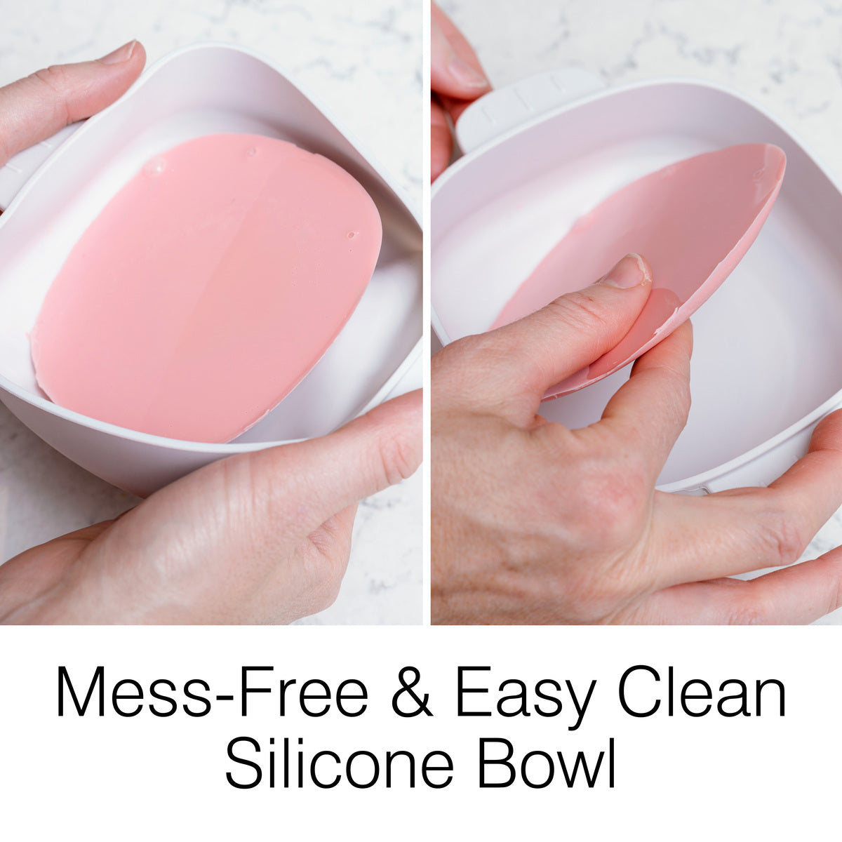 Two images show hands peeling a flexible pink silicone liner from a white bowl for the Rio Go Smooth Hair Removal Wax Heater, demonstrating mess-free, easy clean-up after using wax melts. Text below reads: Mess-Free & Easy Clean Silicone Bowl.