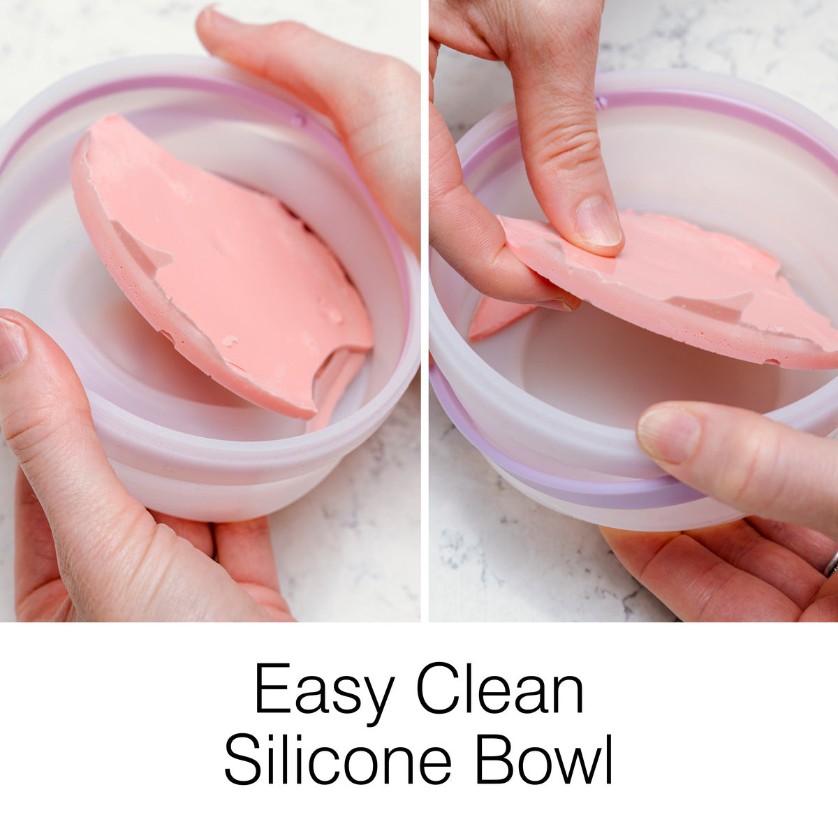 Two photos show hands peeling a flexible pink disk from the round GO SMOOTH HARD WAX HEATER by Rio. The text below reads “Easy Clean Silicone Bowl.” Perfect for mixing hair removal formulas, it sits on a white marble surface.