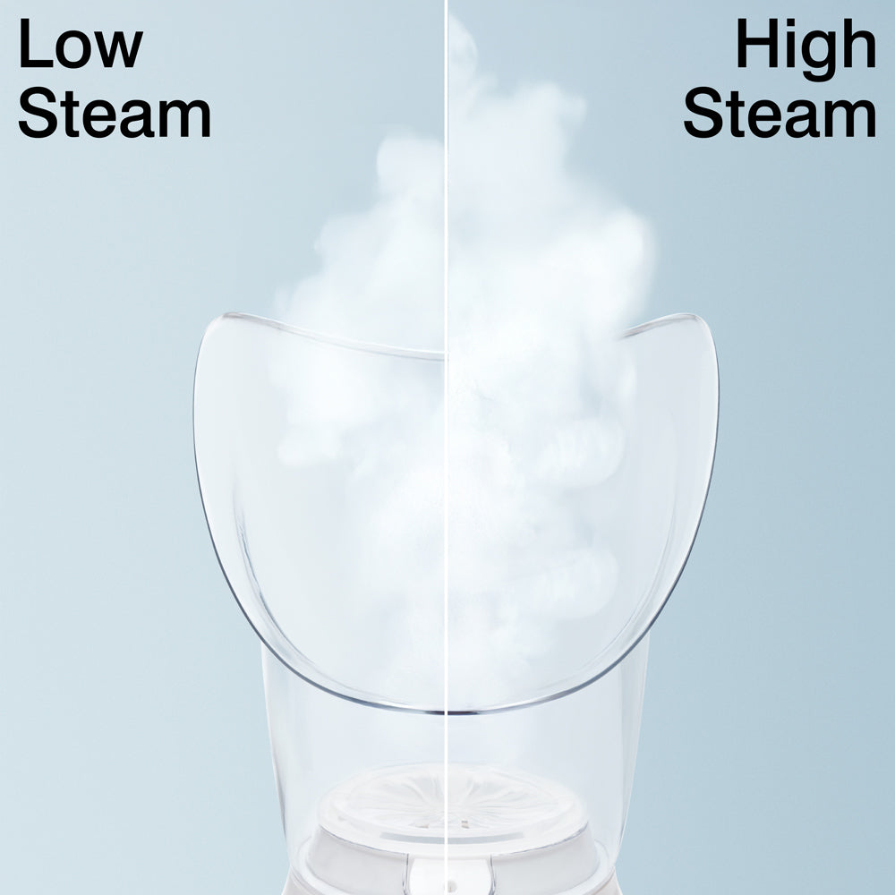 The Rio Facial Sauna Skincare Spa with Steam Inhaler is shown split in half; the left side emits low steam (Low Steam), and the right side emits high steam (High Steam)—ideal for a home spa or facial sauna spa experience on a light blue background.