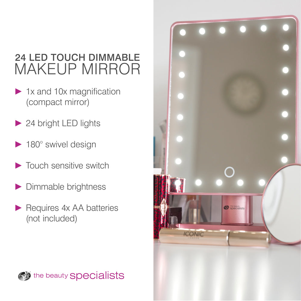 The Rio Rose Gold 24 LED Makeup Mirror features touch controls, dimmable brightness, 180° swivel, a mini removable 10X magnifying mirror, and runs on AA batteries—a perfect vanity addition.
